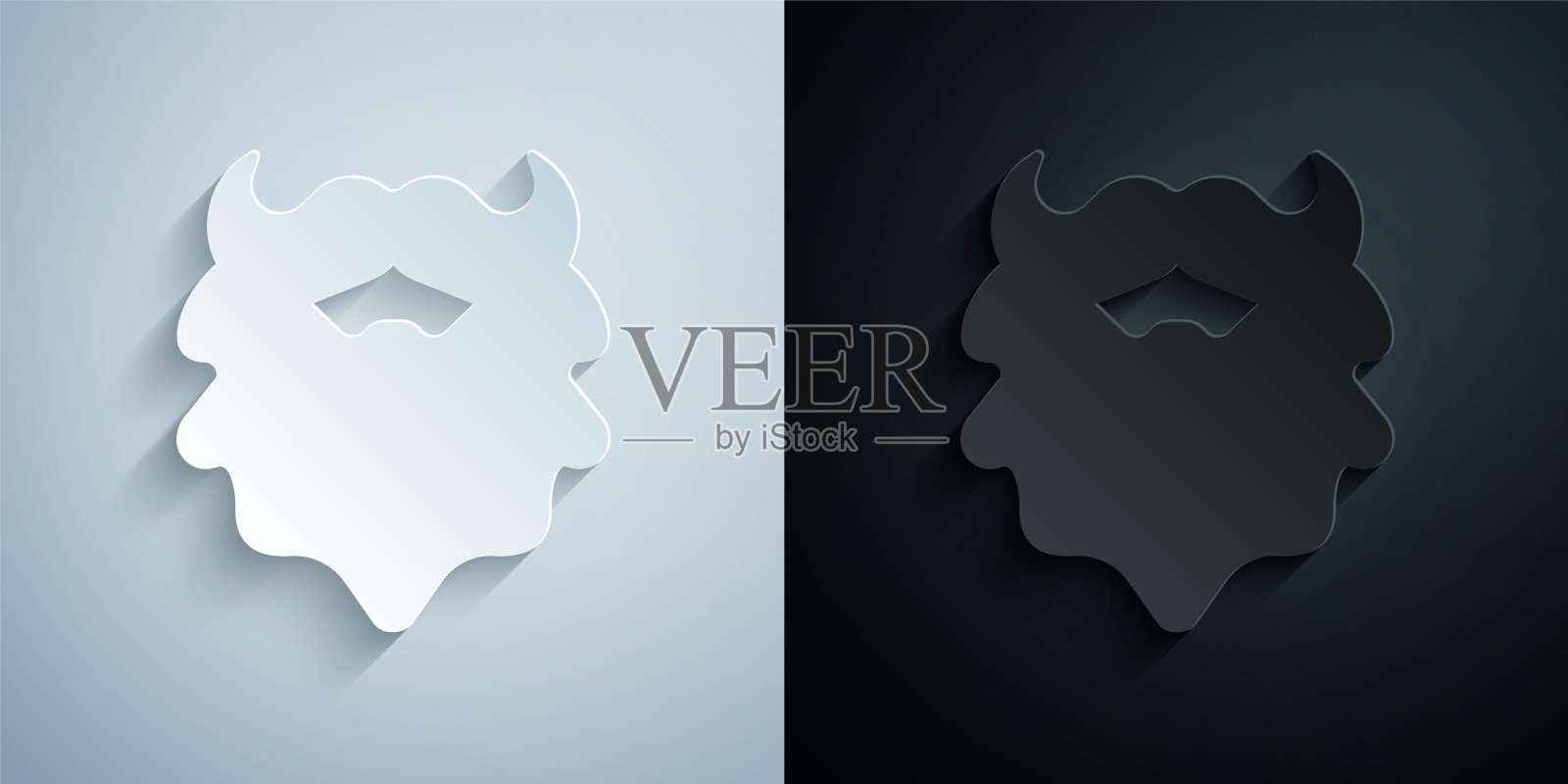 剪纸胡子和胡子图标孤立的灰色和黑色背景。理发店的标志。面部发型。纸艺术风格。向量插画图片素材