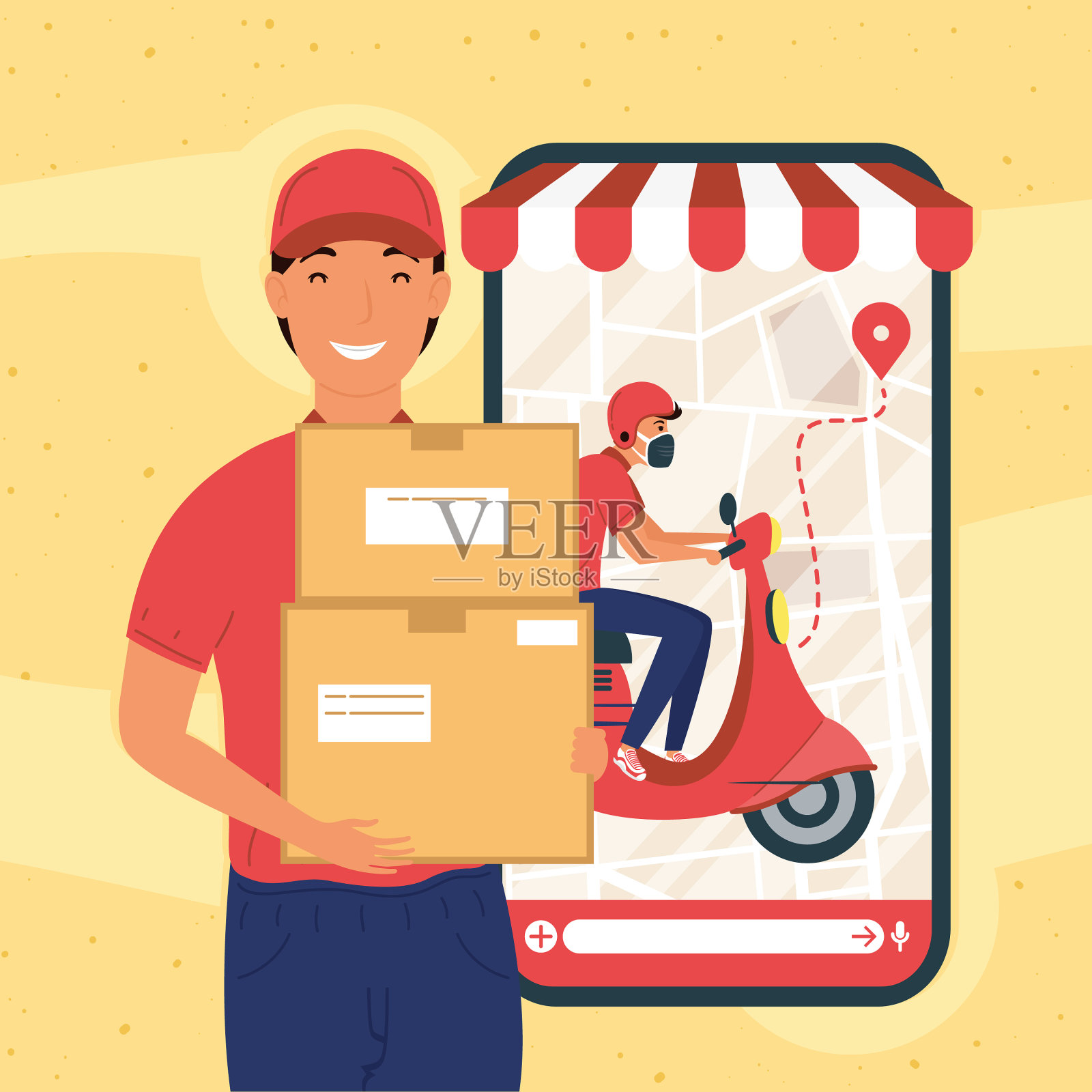 智能手机里装着摩托车的快递员插画图片素材