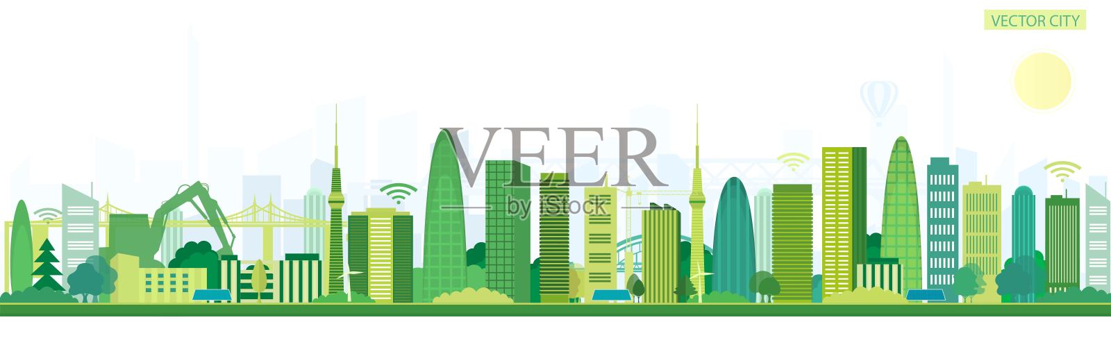 有太阳能电池板的现代化城市。矢量海报与全景城市的观点。绿色城市,摩天大楼插画图片素材