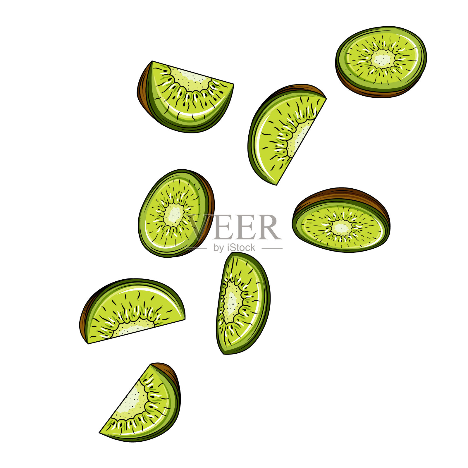 奇异果切片孤立在白色背景上。矢量插图。每个切片段是隔离的。插画图片素材