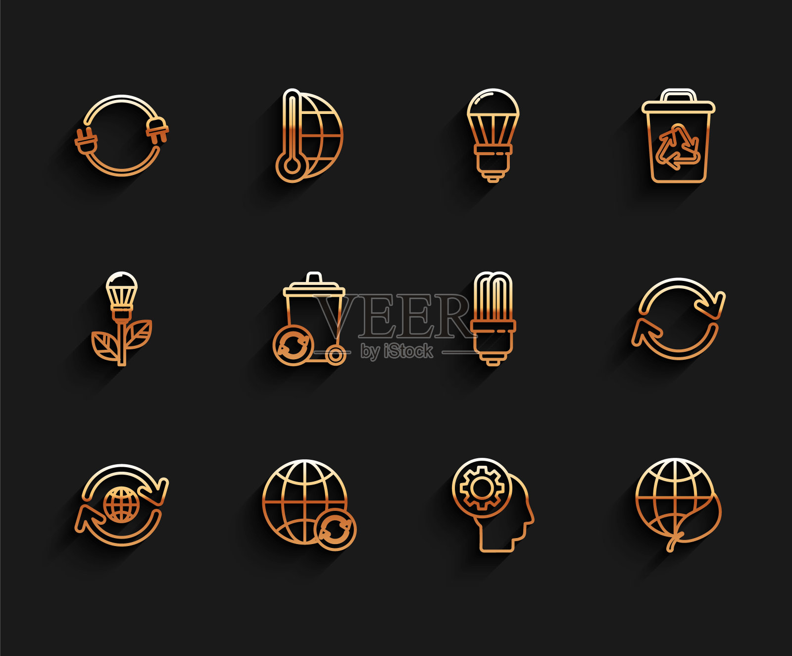 设置线地球和一个回收,电插头,人的头部与齿轮内,地球地球仪叶,回收站回收符号,刷新和LED灯泡图标。向量图标素材