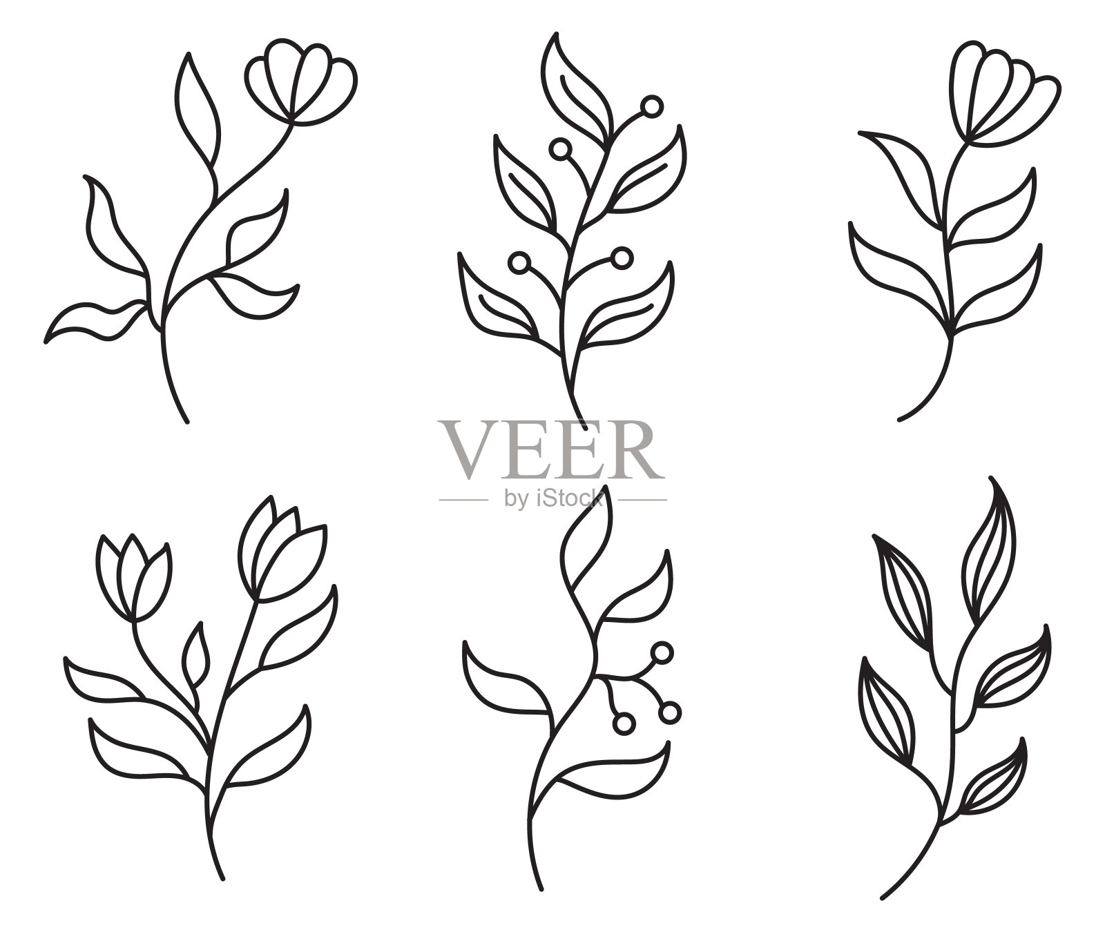 一组植物剪影的插图,树枝和树叶插画图片素材