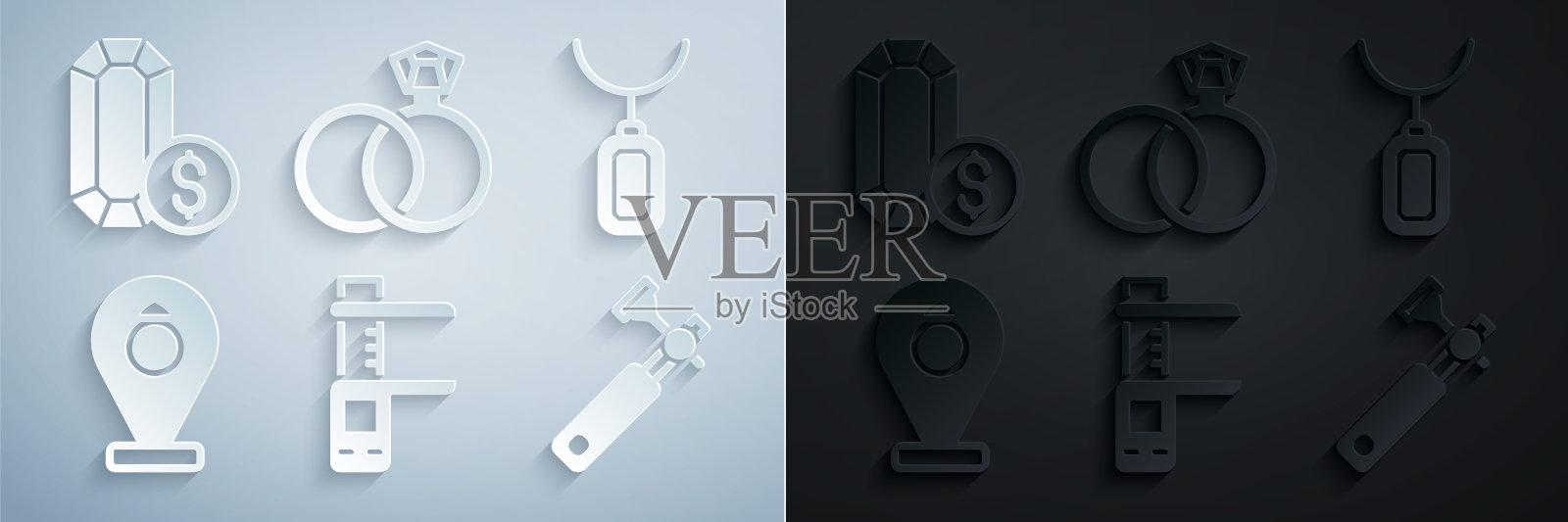 设置卡尺或卡尺和规模,项链吊坠,珠宝店,珠宝商的lupe,结婚戒指和网上购物图标。向量图标素材