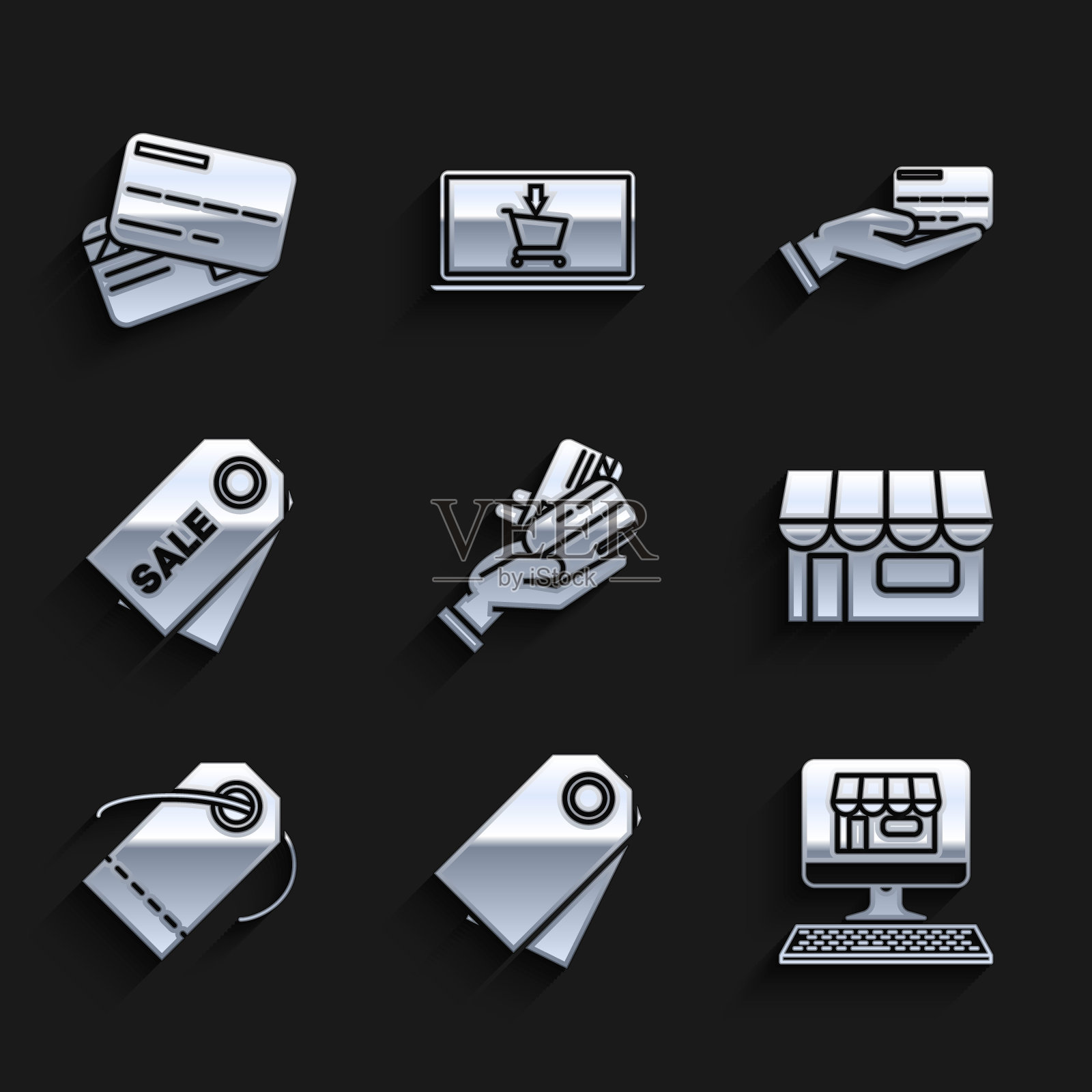 设置人手持有信用卡,空白标签模板价格标签,购物大楼屏幕上的电脑,或市场商店,价格铭文销售,和信用图标。向量图标素材