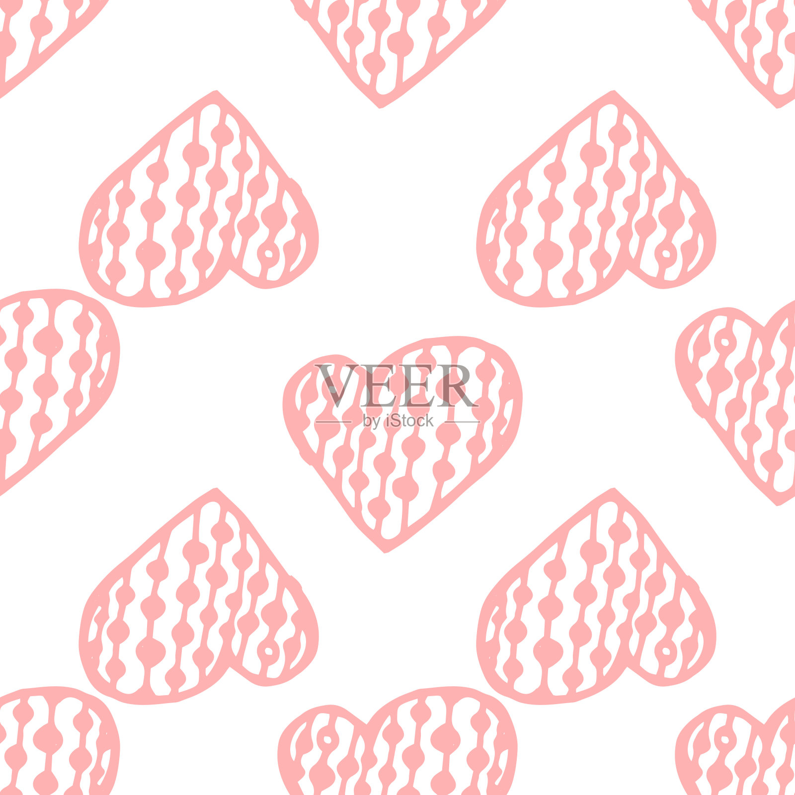 一个粉红色的心形图案与纹理的点垂直线。无缝图案手绘孤立的浅粉色轮廓,心形与圆点内部白色涂鸦风格的设计模板。在婚礼上,在情人节,是爱的象征插画图片素材