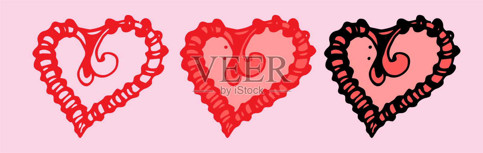 一颗边缘有条纹图案的红心。以涂鸦的风格手绘一套粉色和红色的心,边缘有弧线的图案,黑色的轮廓在白色上,用于邀请函模板、明信片、纺织品的设计插画图片素材