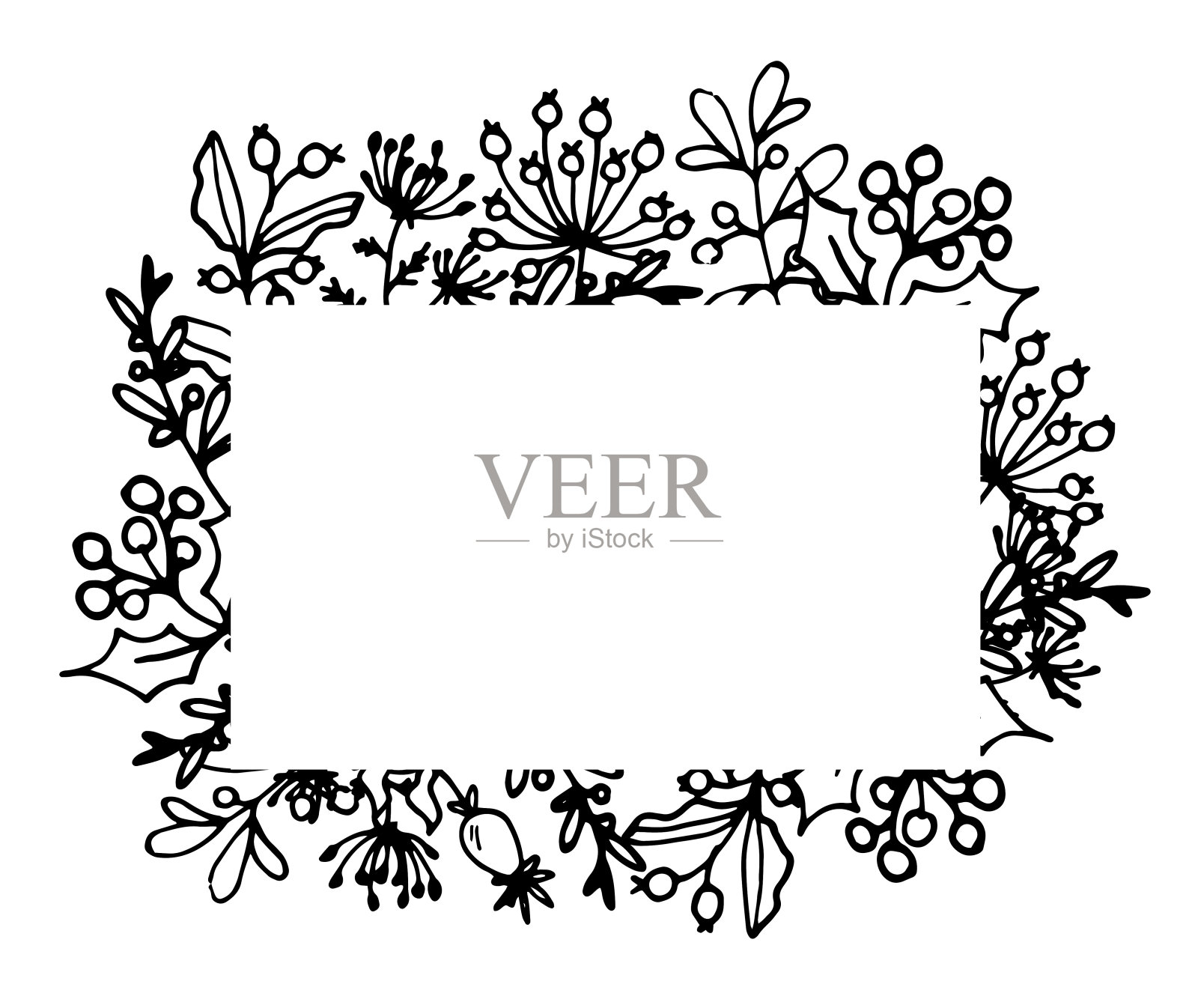 画框是矩形的涂鸦花。在一个白色的空模板周围画上带叶子和浆果的小树枝,长方形的空框用手绘的叶子画出植物的边缘,带有卷曲的涂鸦风格,一束浆果是黑白相间的插画图片素材