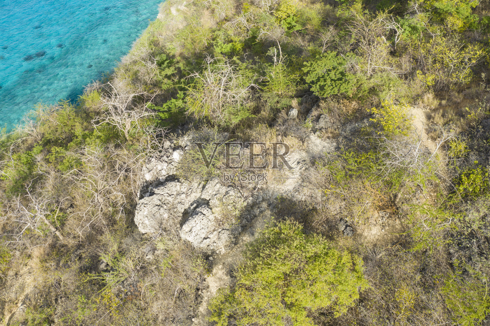 从空中俯瞰Curaçao加勒比海海岸,碧绿的海水、悬崖、海滩和美丽的珊瑚礁环绕着瓦森湾照片摄影图片