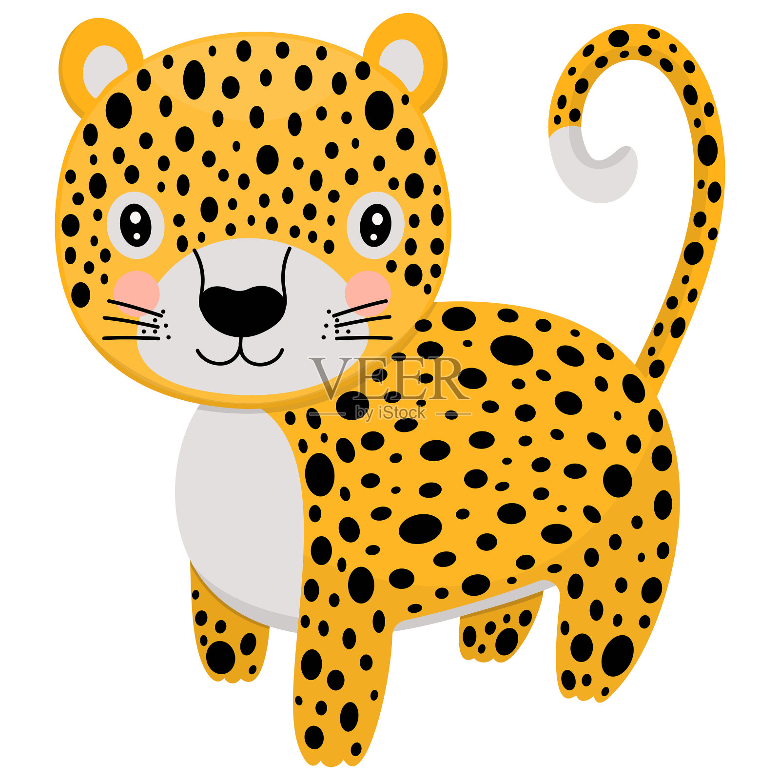 可爱的卡通风格的豹。一个野生动物生活在一个白色背景的丛林的单一插图。向量。插画图片素材