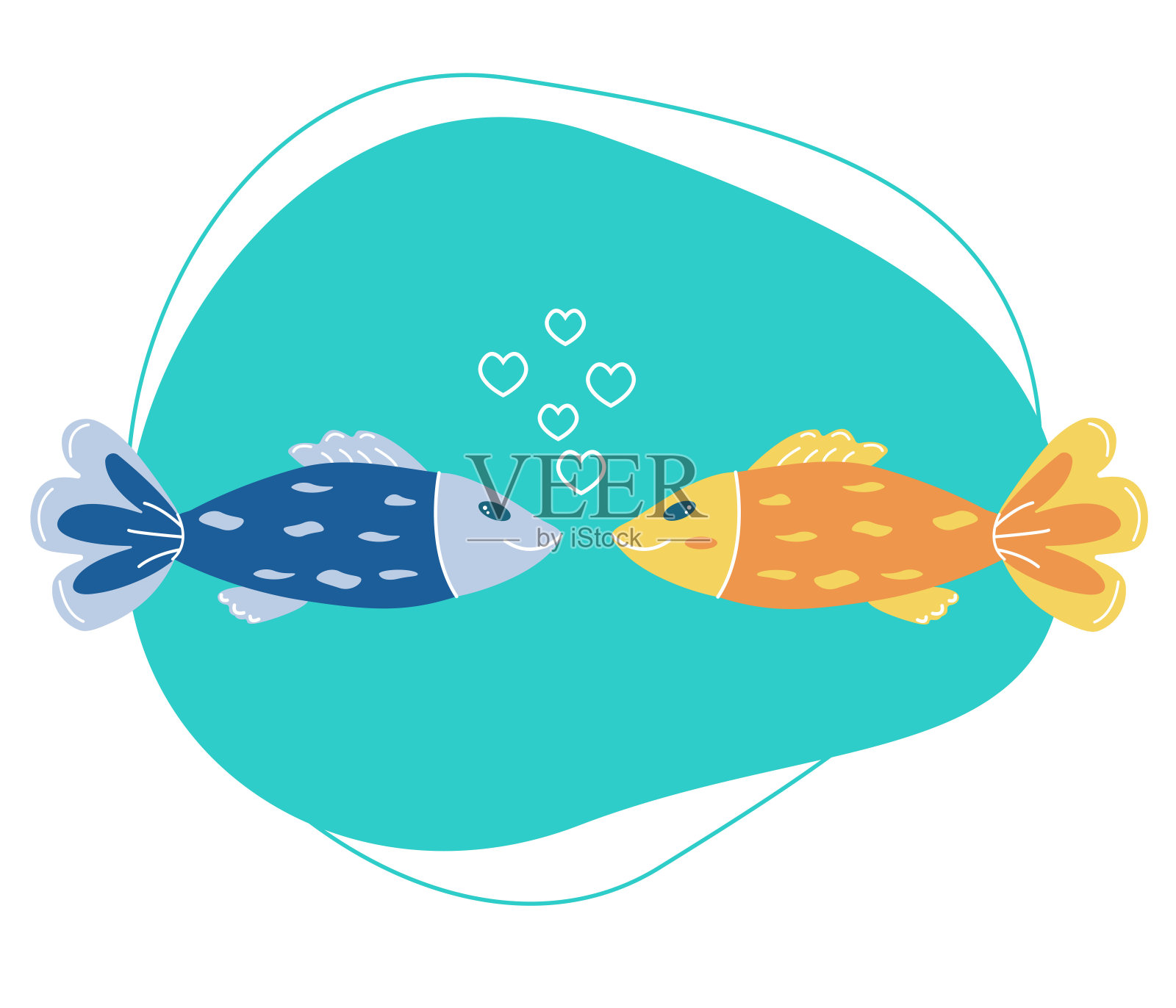 两条快乐的蓝底红心鱼插画图片素材