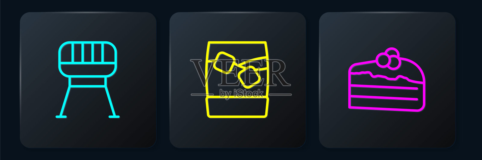 烤肉架,蛋糕和加冰的玻璃威士忌。黑色方形按钮。向量插画图片素材