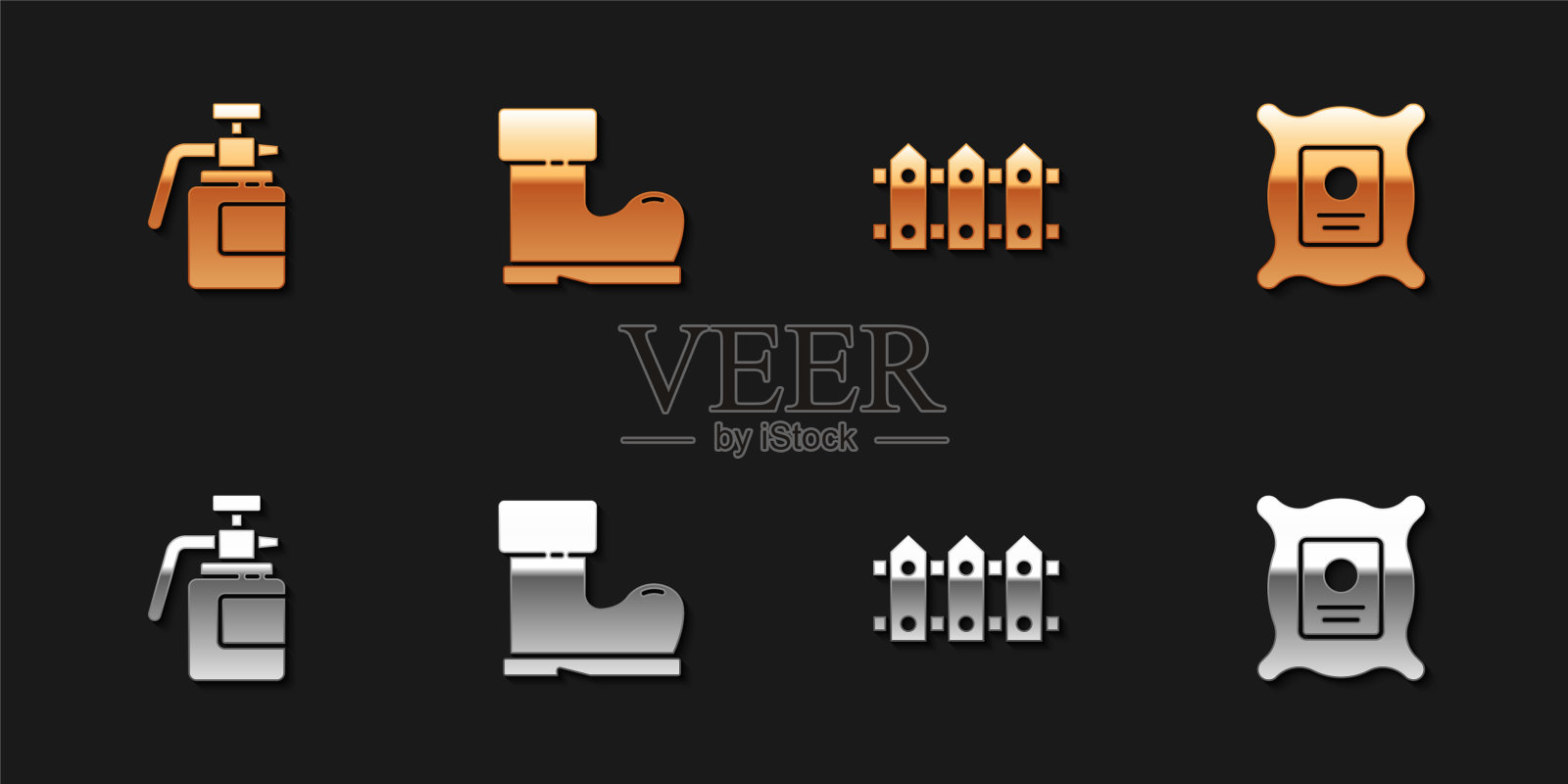 设置花园喷雾器肥料,防水橡胶靴,栅栏木和包装充分种子植物图标。向量图标素材