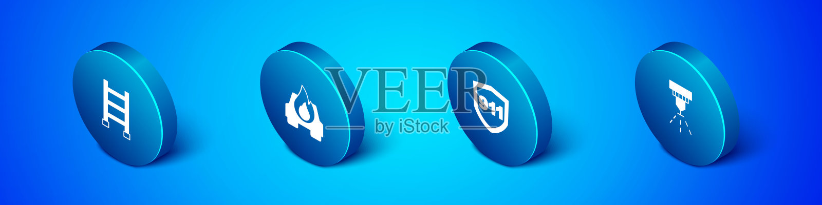 设置等距消防逃生,紧急呼叫911,自动喷水灭火系统和燃烧的汽车图标。向量插画图片素材