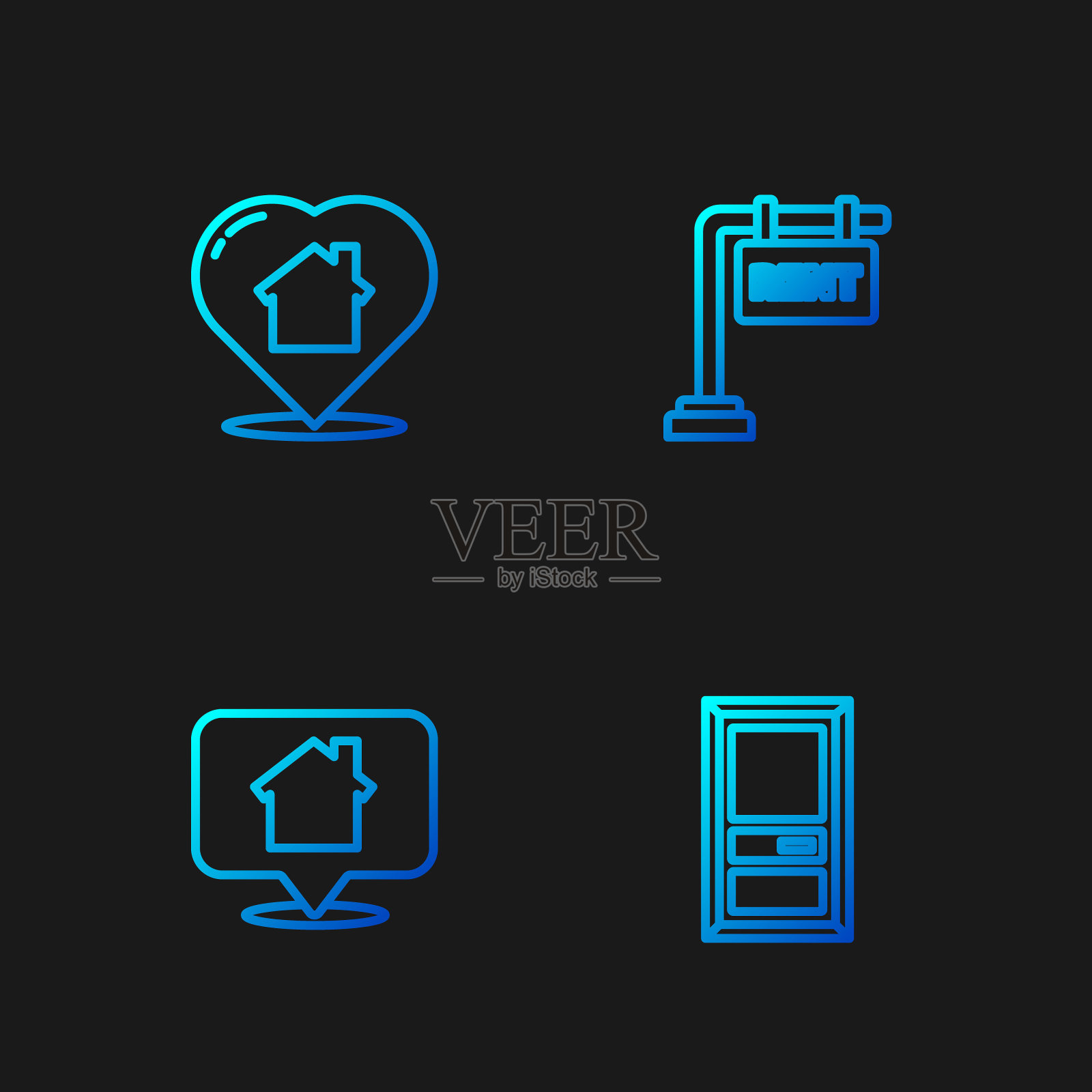 门禁,位置与房子,房子心形和挂出租标志。渐变颜色图标。向量图标素材