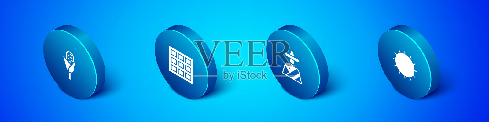 设置等距玉米,墨西哥人宽边帽,太阳和巧克力棒图标。向量图标素材