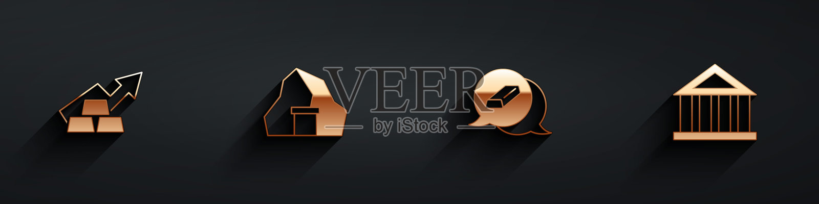 设置成长箭与金条,金矿,银行建筑图标与长阴影。向量图标素材