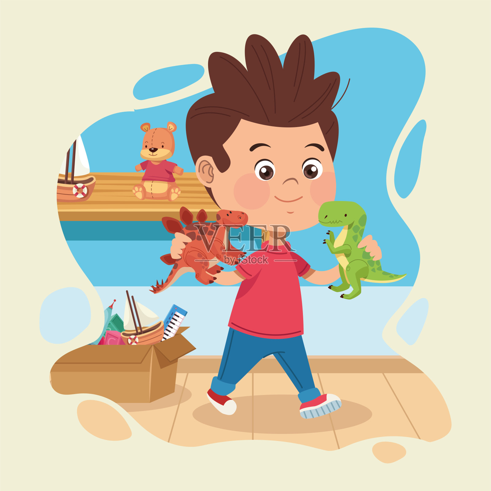 有玩具的快乐男孩插画图片素材