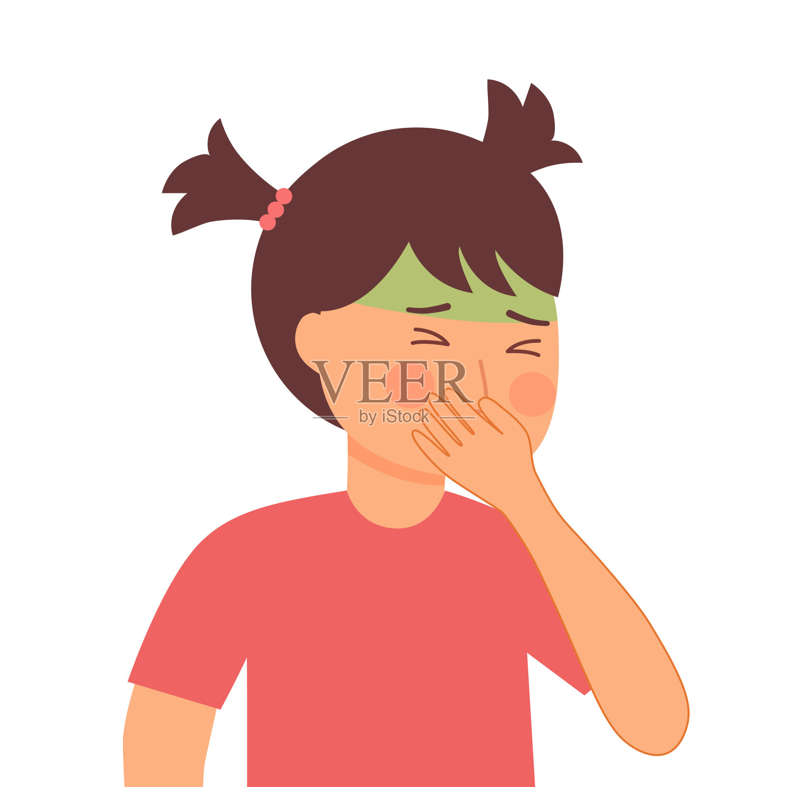 女孩患有呕吐和封闭的嘴平面设计。恶心呕吐症状。插画图片素材