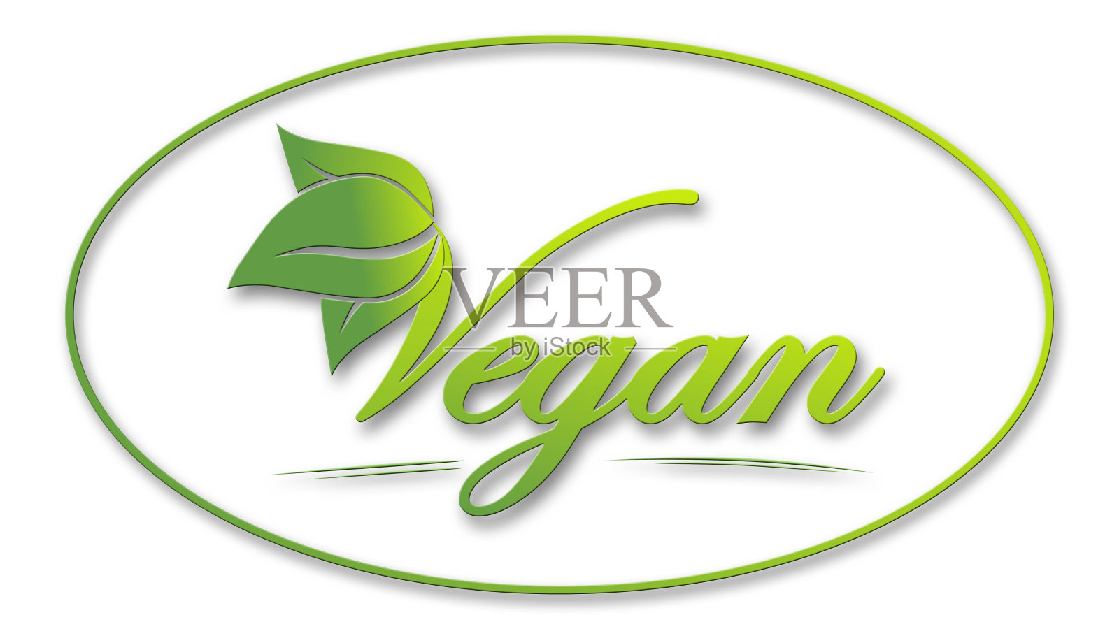 文本标志纯素概念-纯素食品饮食图标-绿色字母在时尚风格与叶植物元素和框架-孤立在白色背景插画图片素材
