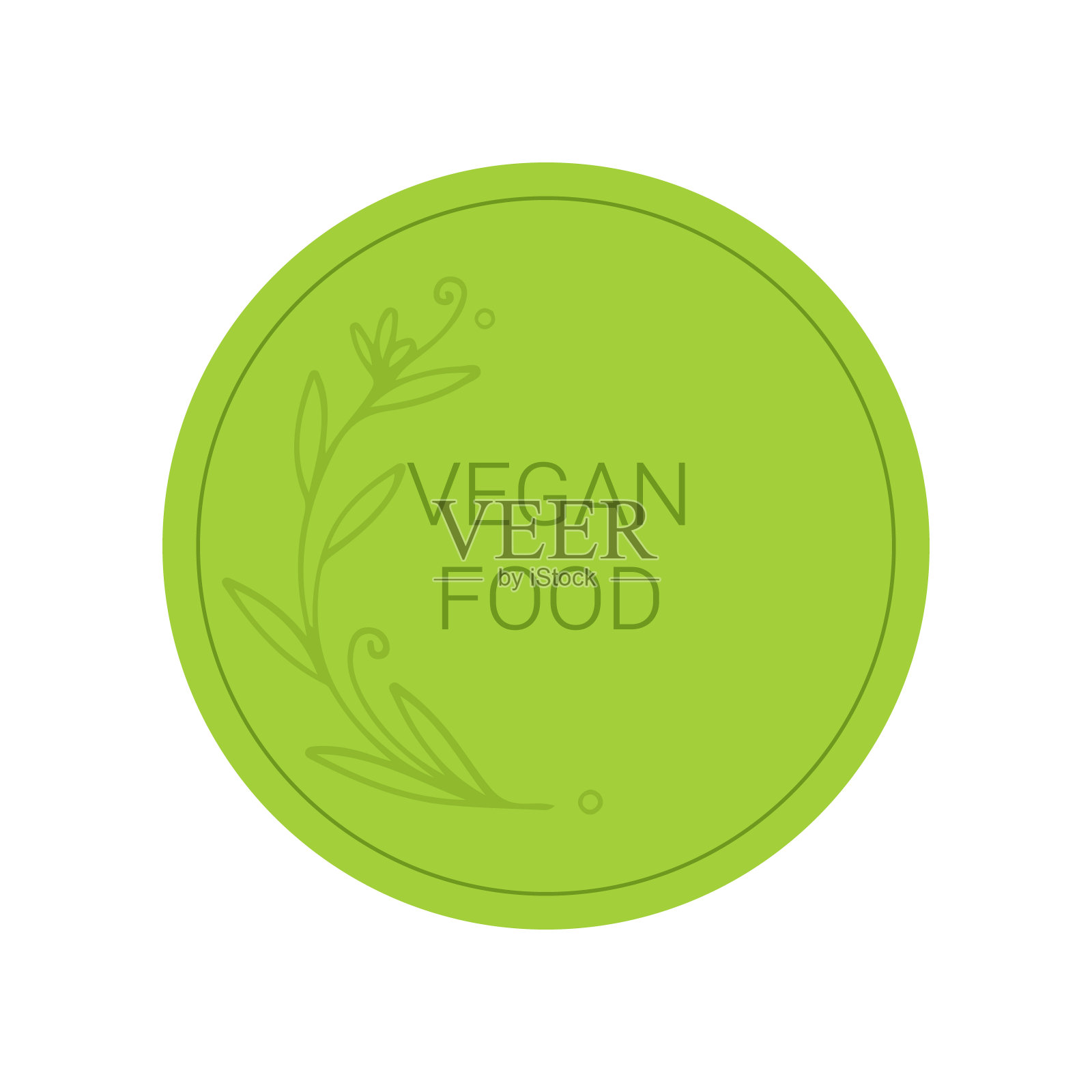 素食食品标签。圆形绿色标志,贴纸上有花。向量插画图片素材
