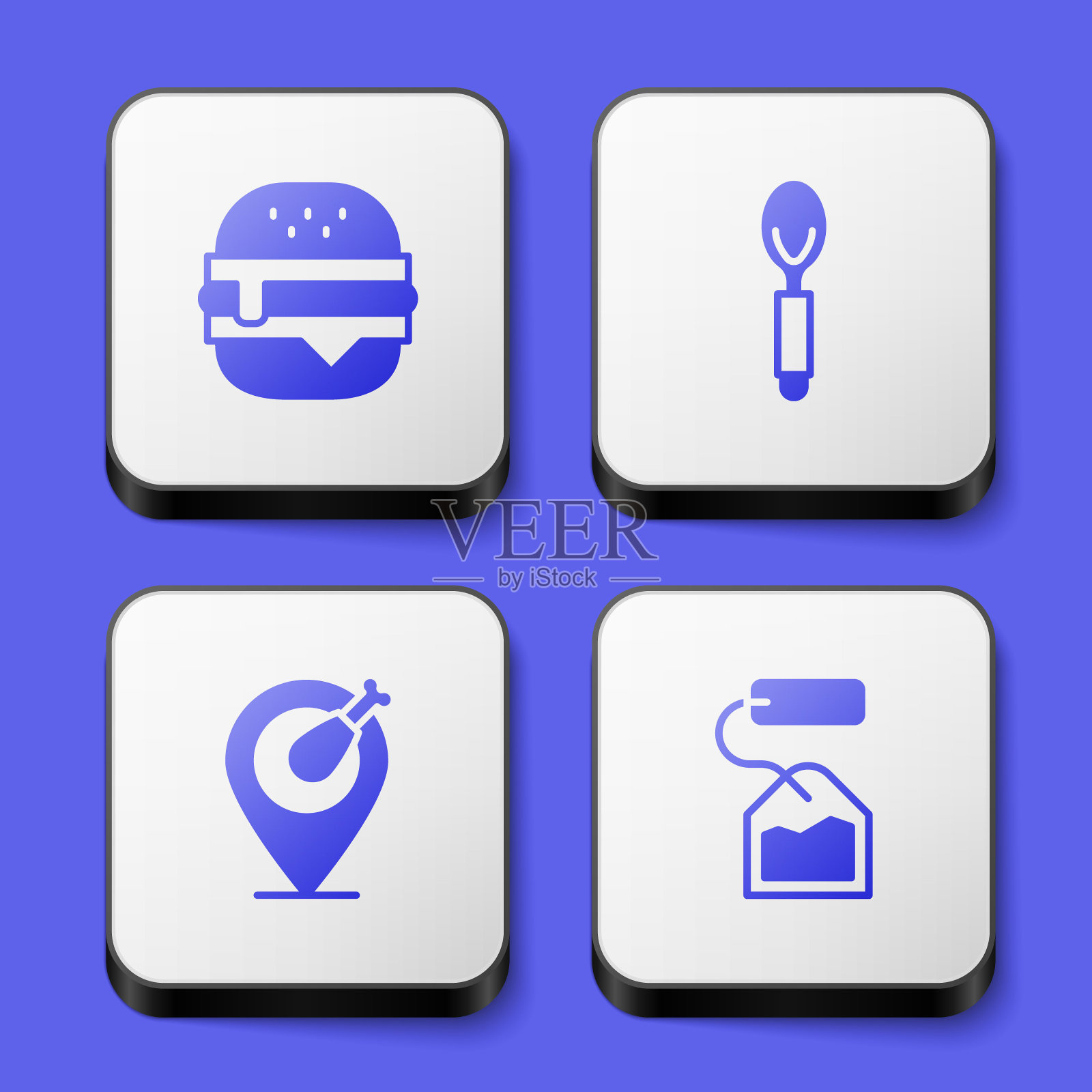 设置汉堡,勺子,鸡腿和茶包图标。白色正方形按钮。向量图标素材