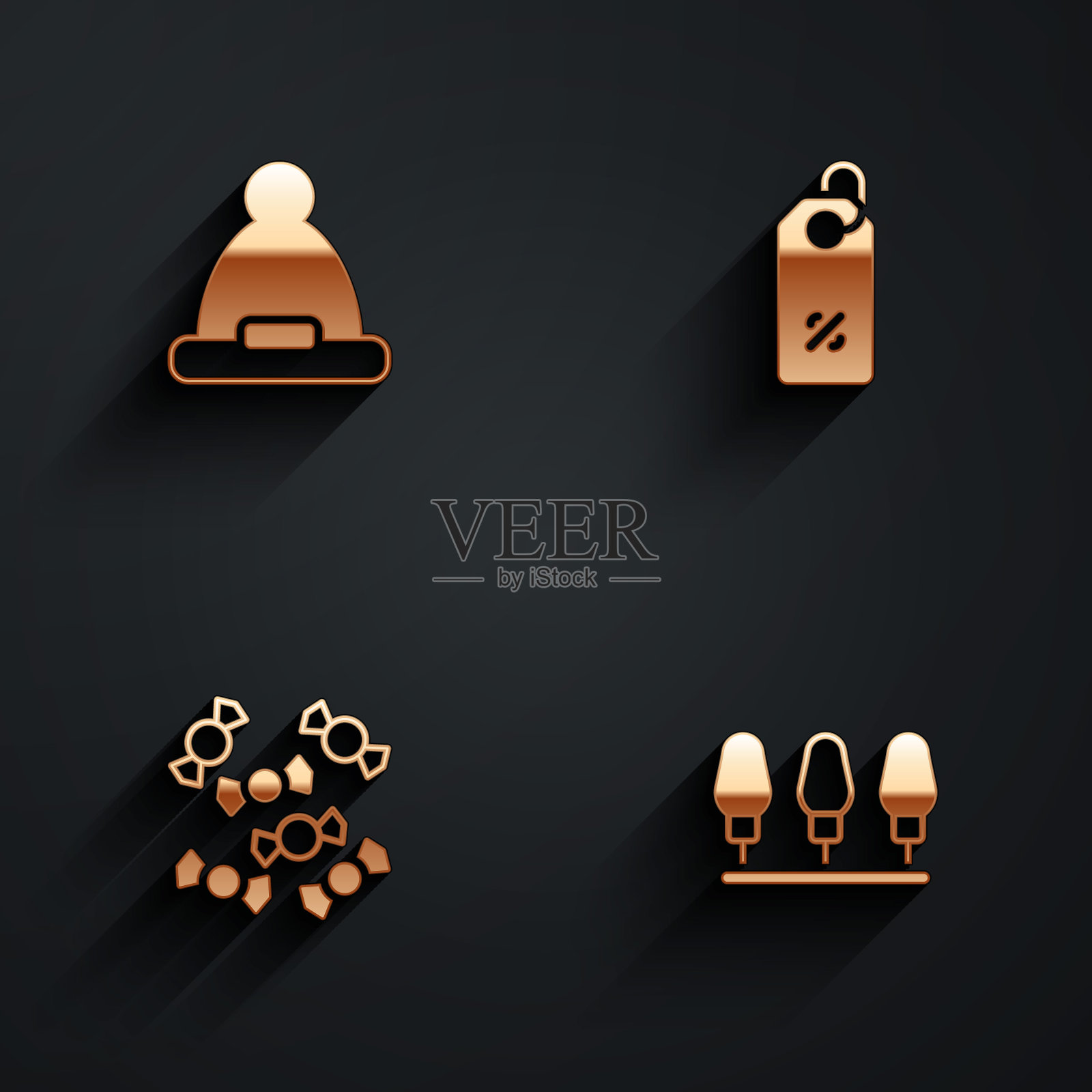 设置圣诞老人的帽子,折扣标签,糖果和灯饰图标与长阴影。向量图标素材