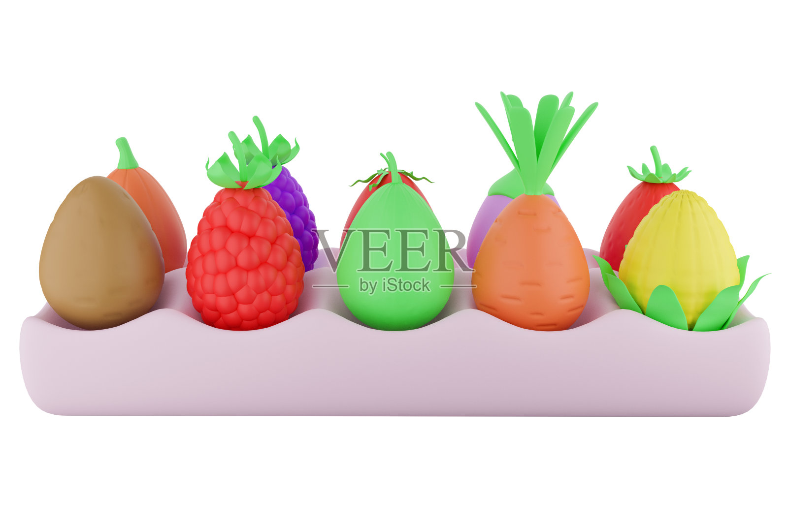 可爱的3d渲染设置鸡蛋蔬菜在一个立场照片摄影图片