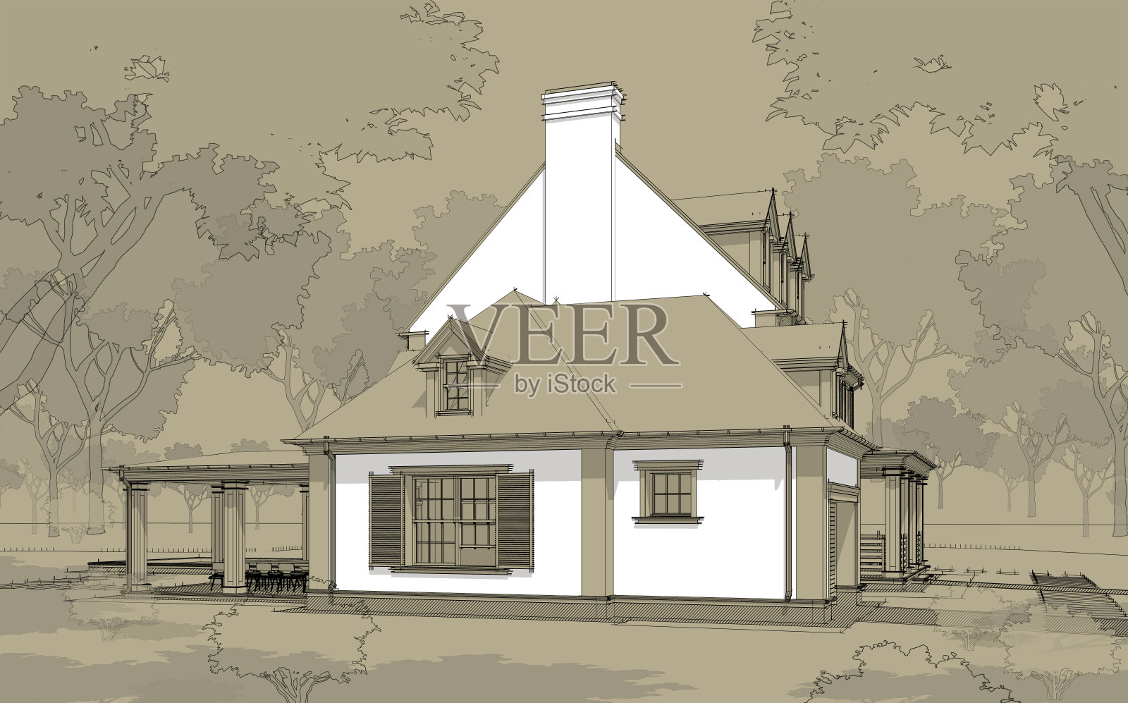 3D渲染:殖民风格的现代经典住宅,牛皮纸背景上的黑色线条照片摄影图片