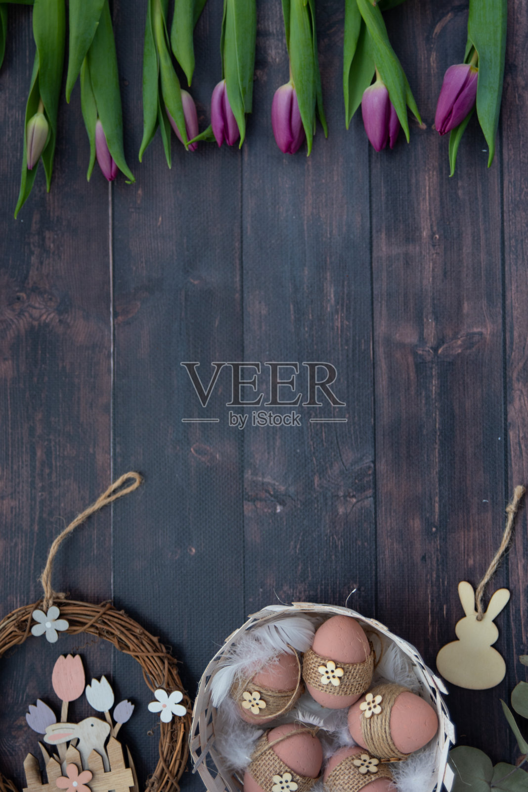 一朵紫色的郁金香花束,春天和复活节即将来临照片摄影图片