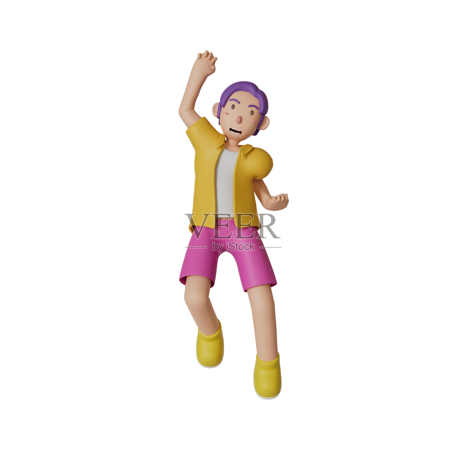 男子穿着黄色衬衫紫色裤子跳跃手快乐赢在白色的背景。3 d渲染图照片摄影图片