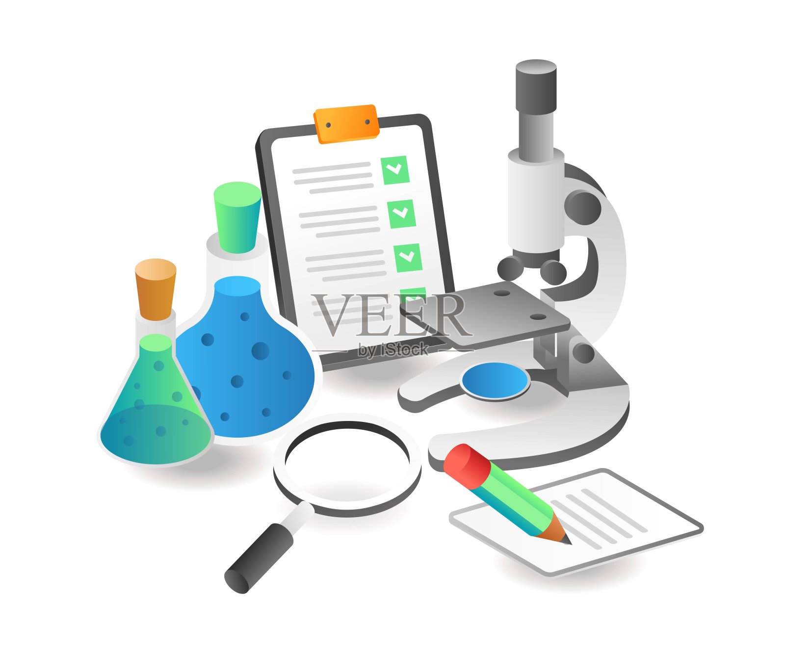 等角图的概念。电池警告在情况下平坦的等距插图概念。实验学校实践工具插画图片素材