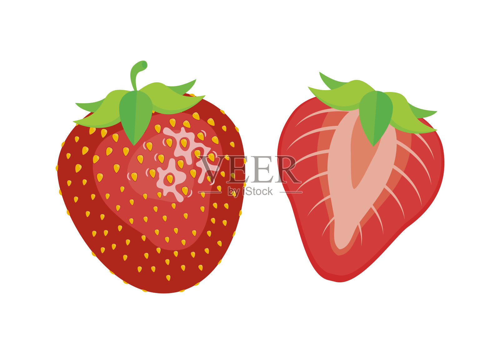 多汁的新鲜草莓一半和整个图标集向量插画图片素材