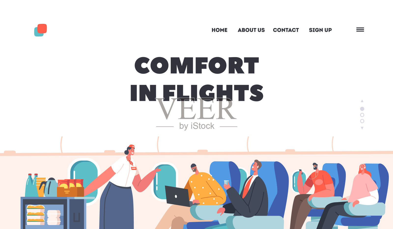 舒适的航班着陆页面模板。空中小姐用手推车在飞机上为乘客服务。机组人员和乘客插画图片素材