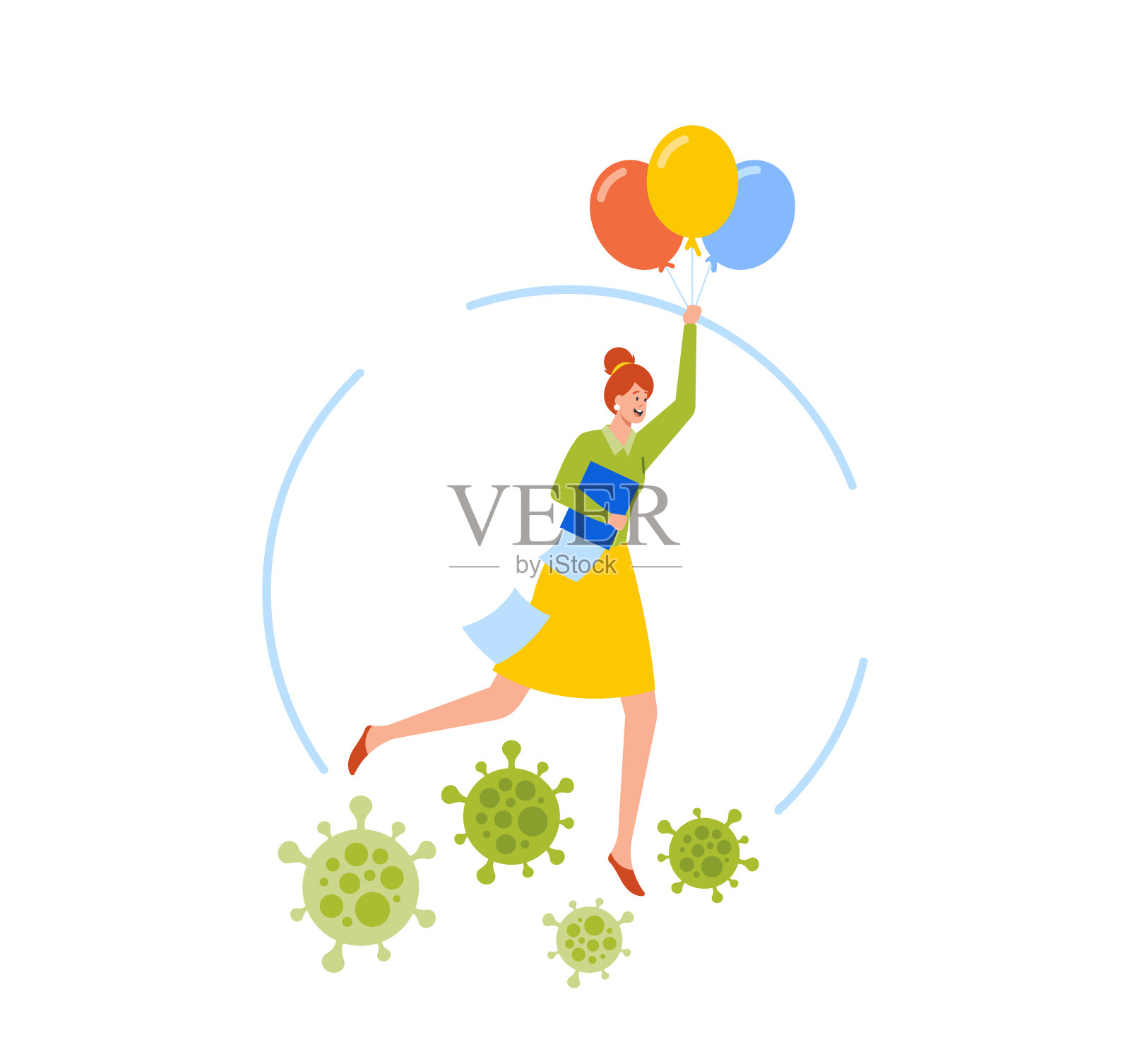 女商业角色在气球上飞越冠状病毒病原体。女企业家通过财务问题插画图片素材