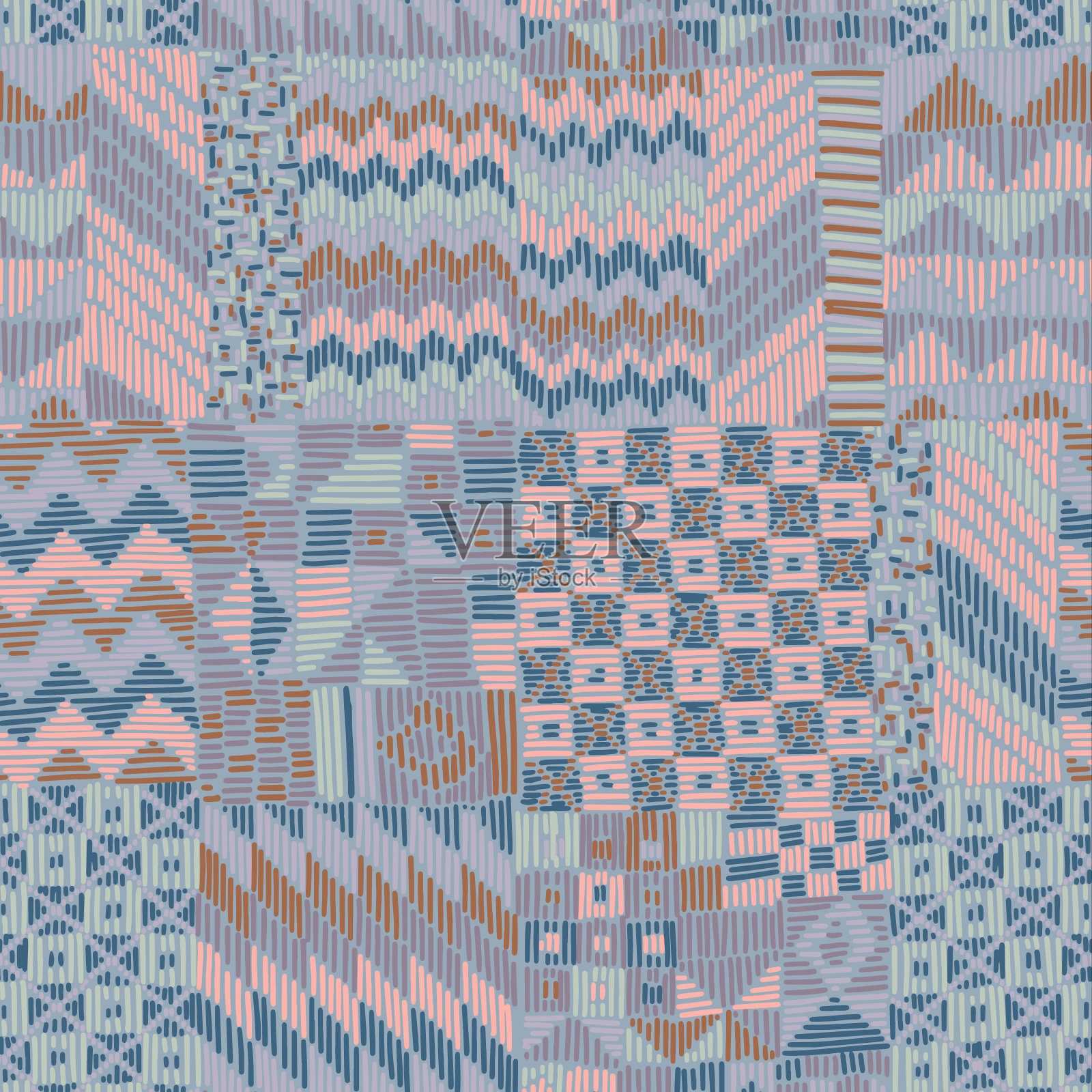 无缝阿兹特克,锯齿人字形线条,三角形,条纹拼接风格的表面图案。错综复杂的覆盖当代纺织图形设计。时髦的平缝方式。部落民间地毯装饰品。插画图片素材