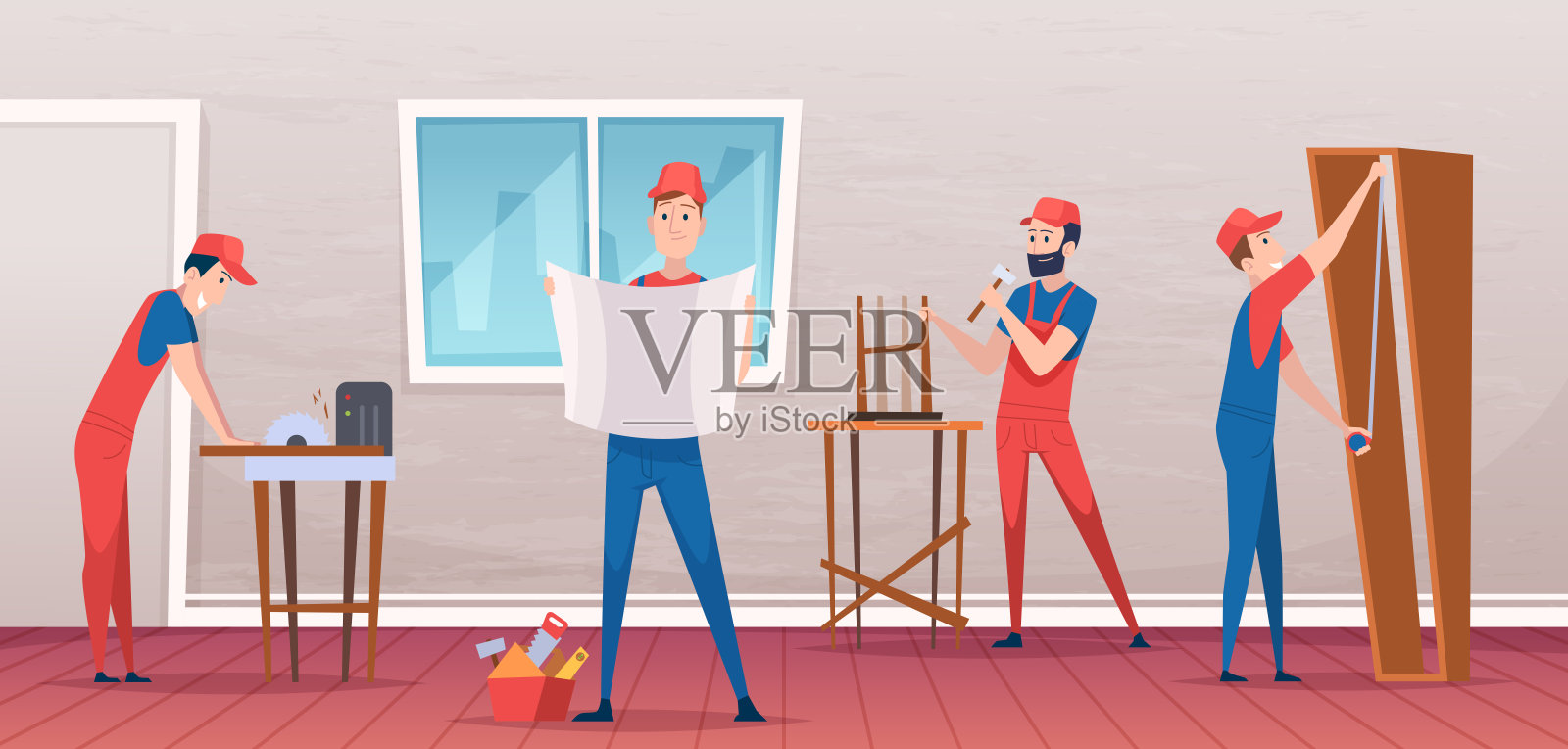 木制家具安装。背景与专业服务杂工木匠安装现代家具准确的矢量插图在车插画图片素材