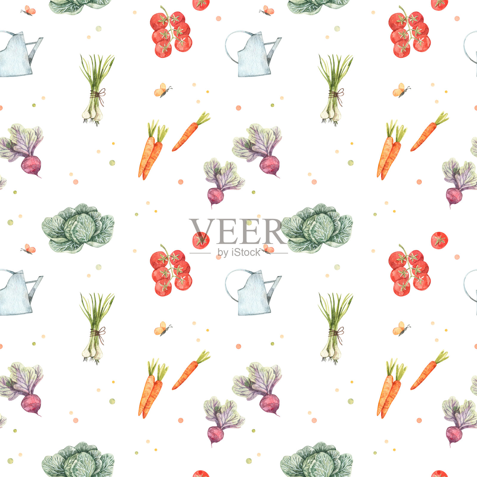 水彩无缝图案与农场蔬菜。我的夏季生态花园背景有胡萝卜,洋葱,卷心菜,甜菜,西红柿。收成。完美的面料,纺织品,请柬,卡片,包装,菜单插画图片素材