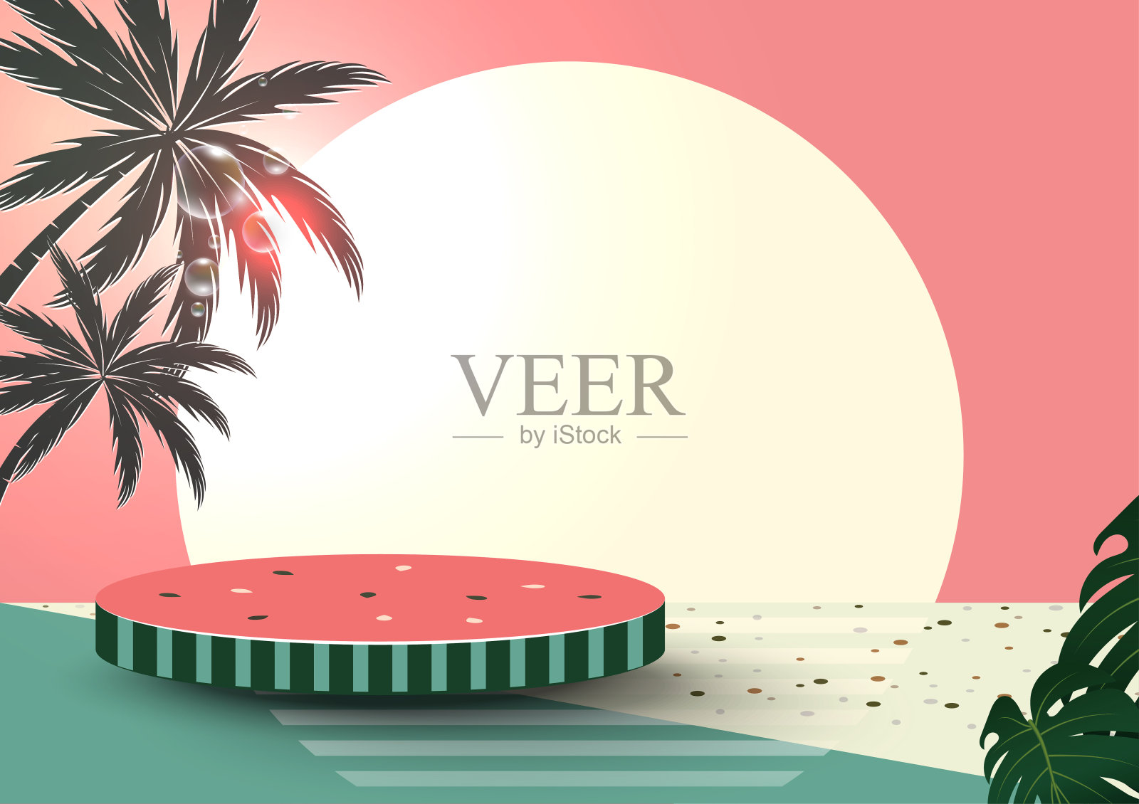 平台产品展示与夏季海滩场景抽象背景。西瓜图案底座,带有阳光和热带树叶。矢量插图。插画图片素材