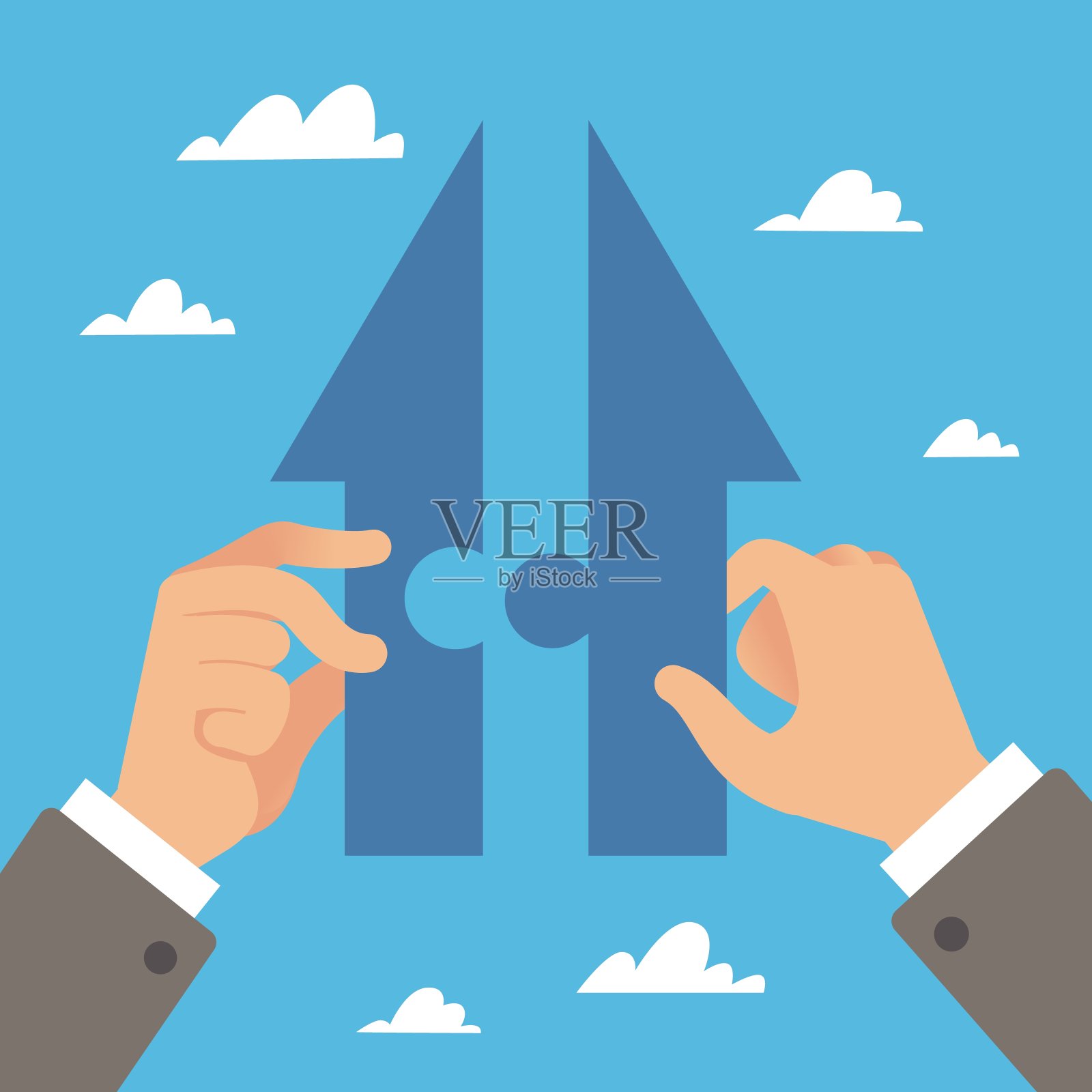 合作方向正确。手以箭头的形式连接拼图,人们的合作和商业伙伴关系,公司的团队合作,成功的社区。向量孤立的概念插画图片素材