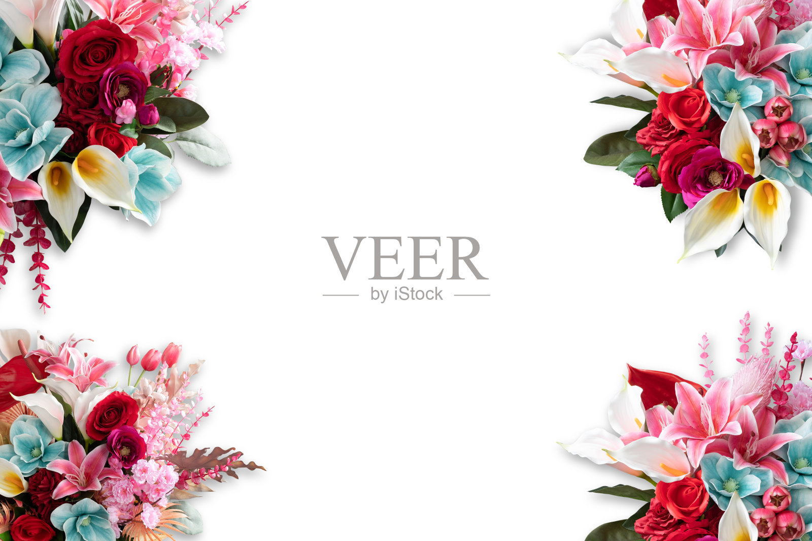 百合和玫瑰与叶子孤立在白色背景。美丽的花束。春天创意花卉图案平躺文本输入,俯视图。照片摄影图片