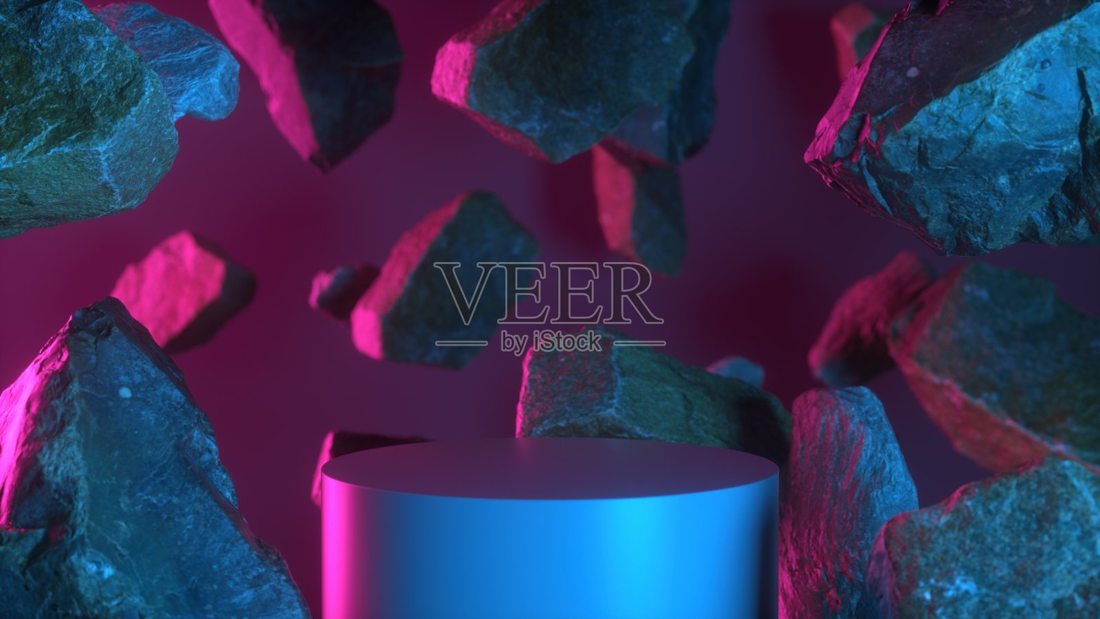 粉红色的蓝色石材平台展示产品。石头在太空中飞行。氖几何石和岩石形状的背景。化妆品陈列架。极简主义模型的讲台展示或展示。三维渲染照片摄影图片