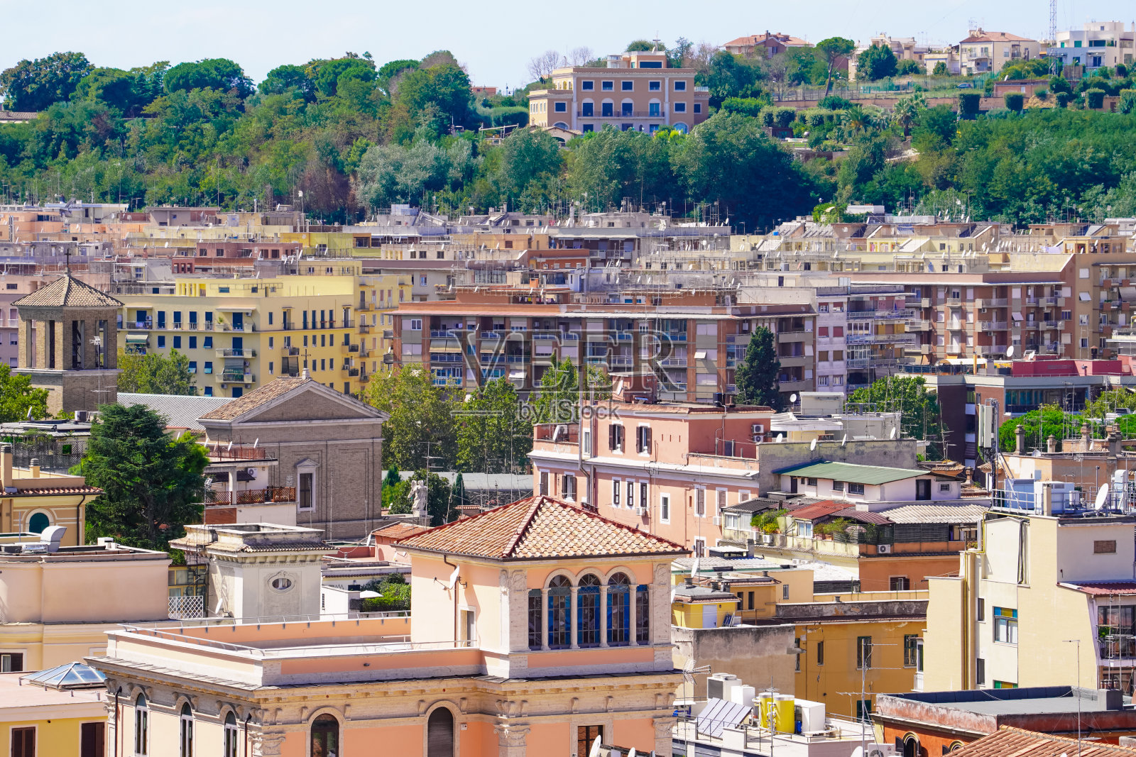 从山上的梵蒂冈博物馆俯瞰罗马的城市风景照片摄影图片