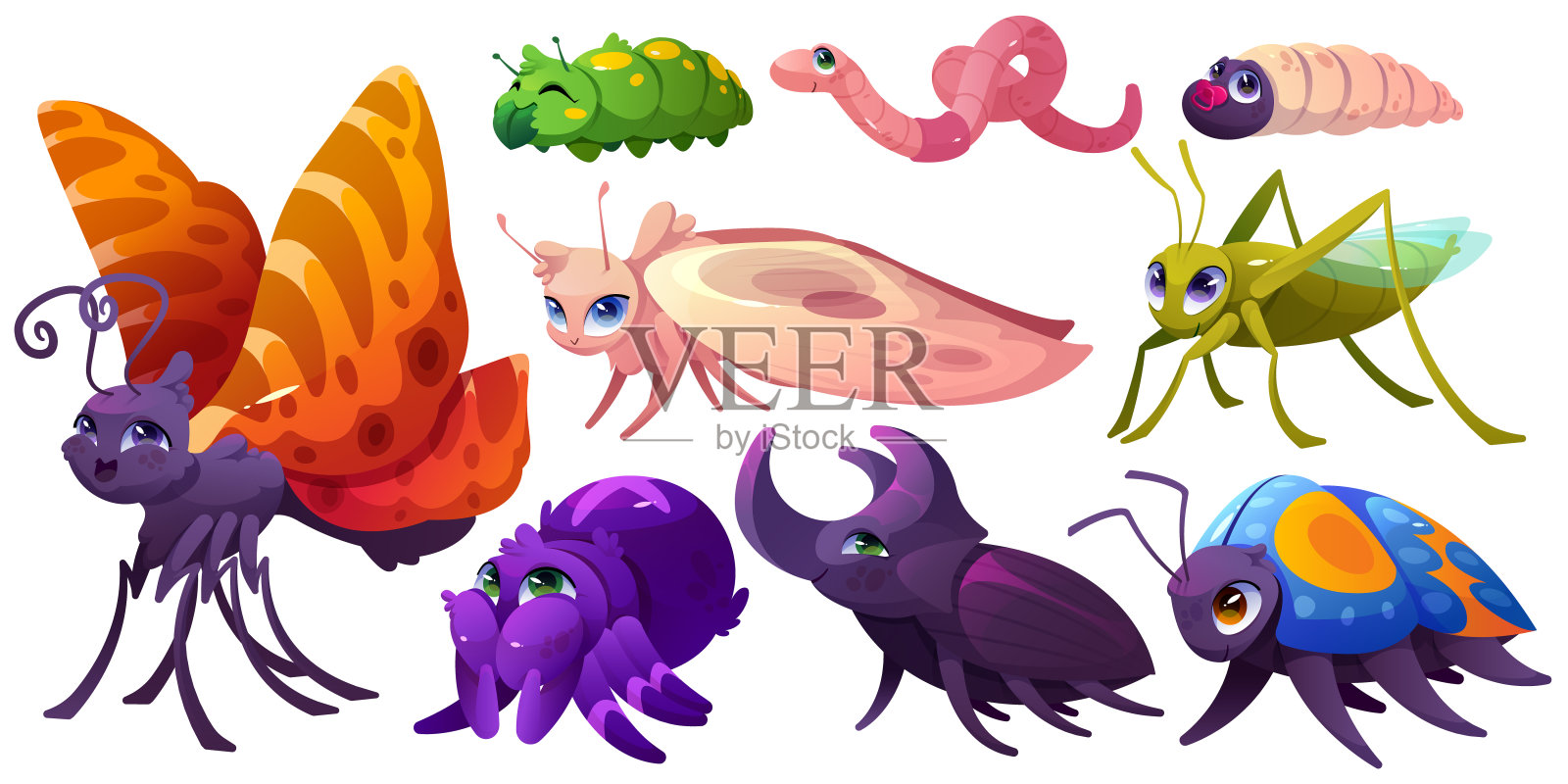 可爱的昆虫角色,蝴蝶,蜘蛛,甲虫插画图片素材