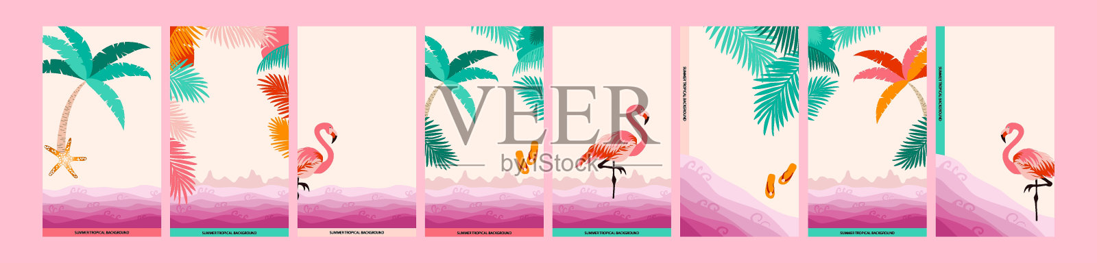 夏季热带背景与粉色海滩框架设计收集社交媒体故事或海报,卡片插画图片素材