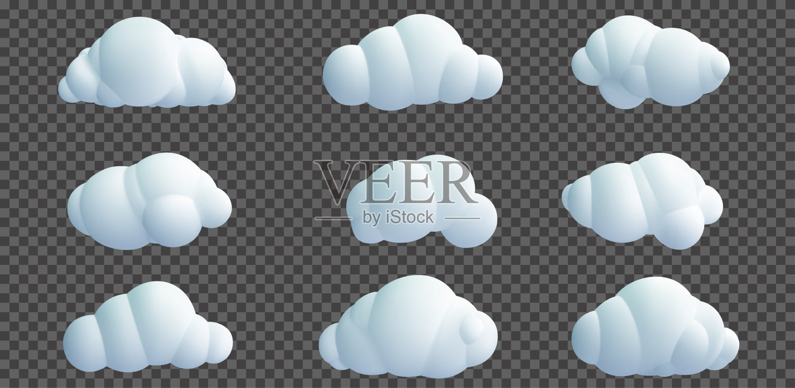 设置风格化有趣的卡通矢量云孤立在透明的背景。儿童粘土、塑料或软玩具。收集不同形状的丰富多彩的设计元素。现实的3 d演示。插画图片素材