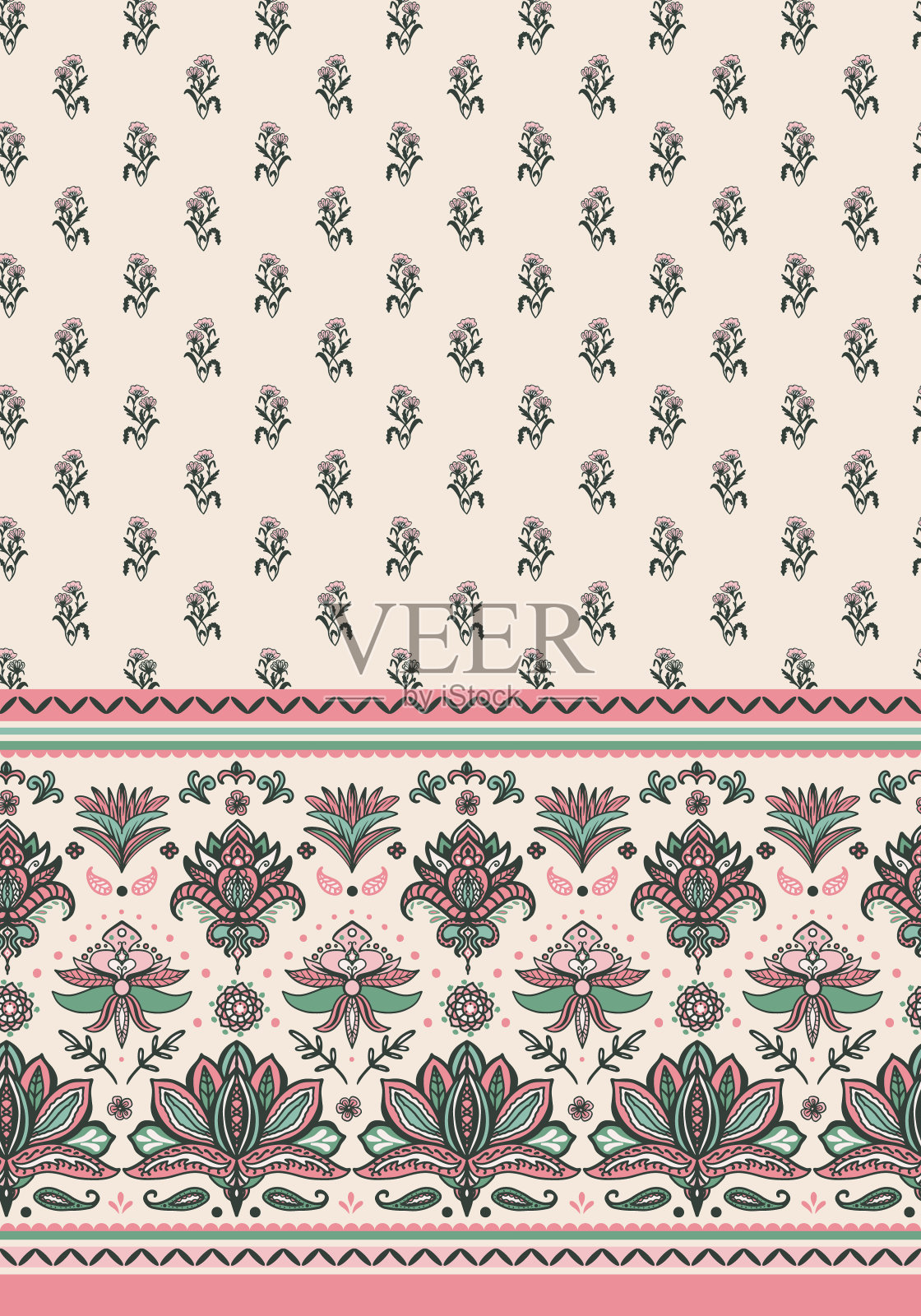 传统花卉无缝重复图案与锦缎边界印花。插画图片素材