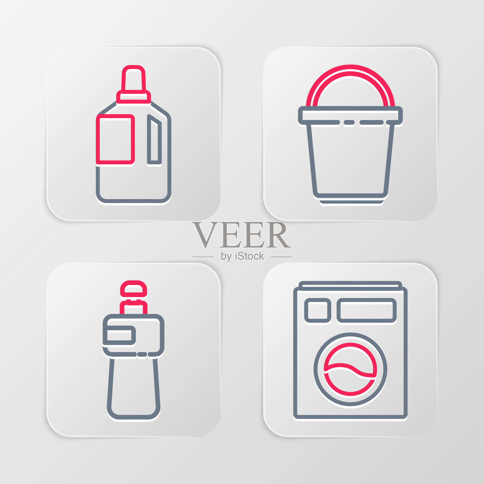 设置线洗衣机,洗洁精瓶,桶和织物柔软剂图标。向量图标素材