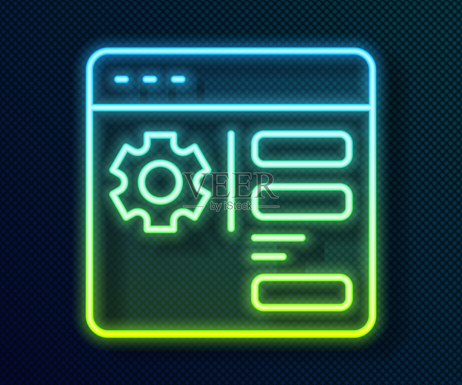 发光的霓虹灯线浏览器设置图标孤立在黑色背景。调整、服务、维护、修理、修理。向量插画图片素材