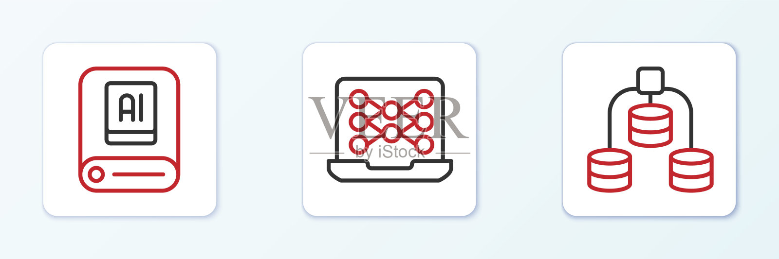 设置线路服务器、数据、人工智能AI和神经网络图标。向量图标素材