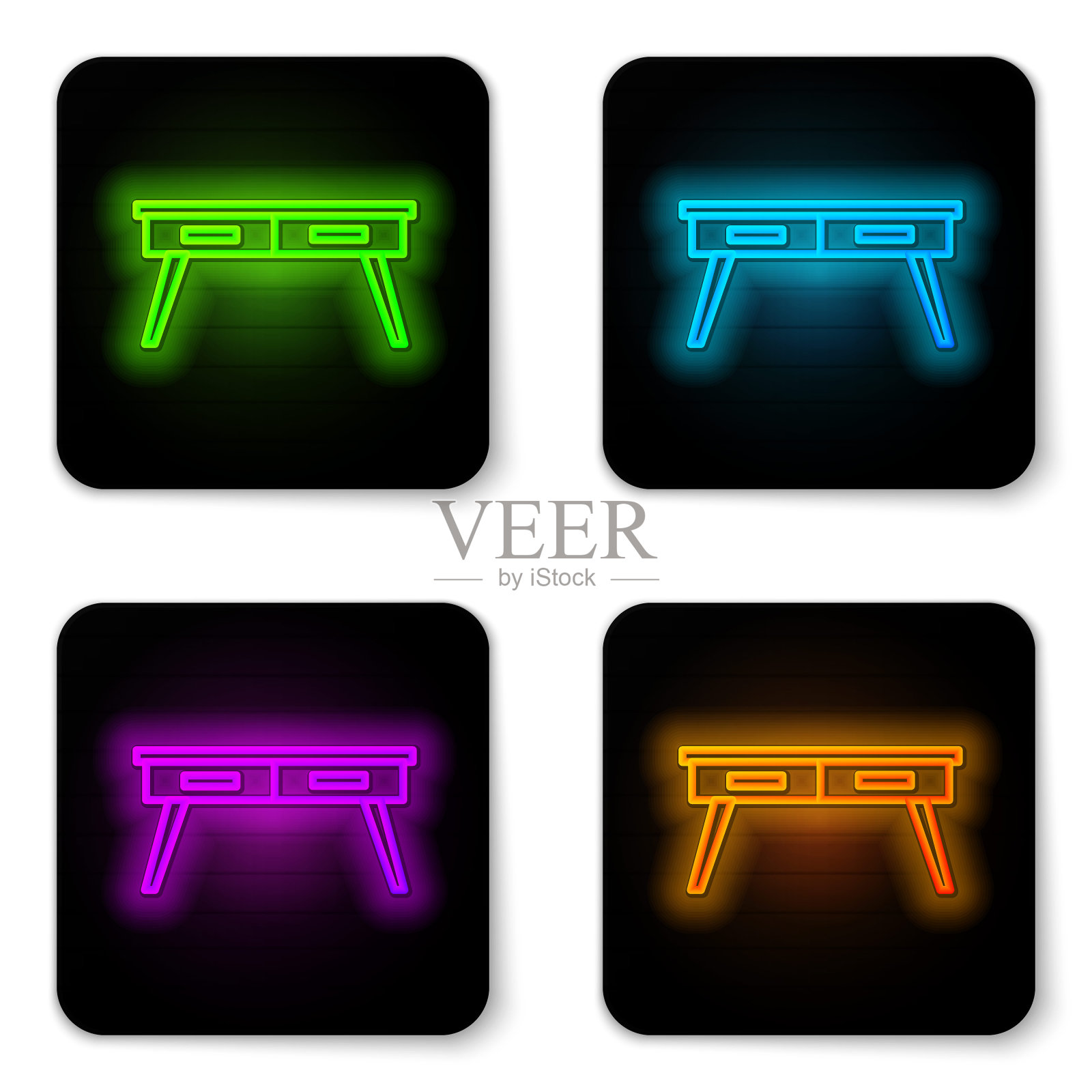 发光的霓虹灯线办公室办公桌图标孤立在白色背景上。黑色方形按钮。向量图标素材